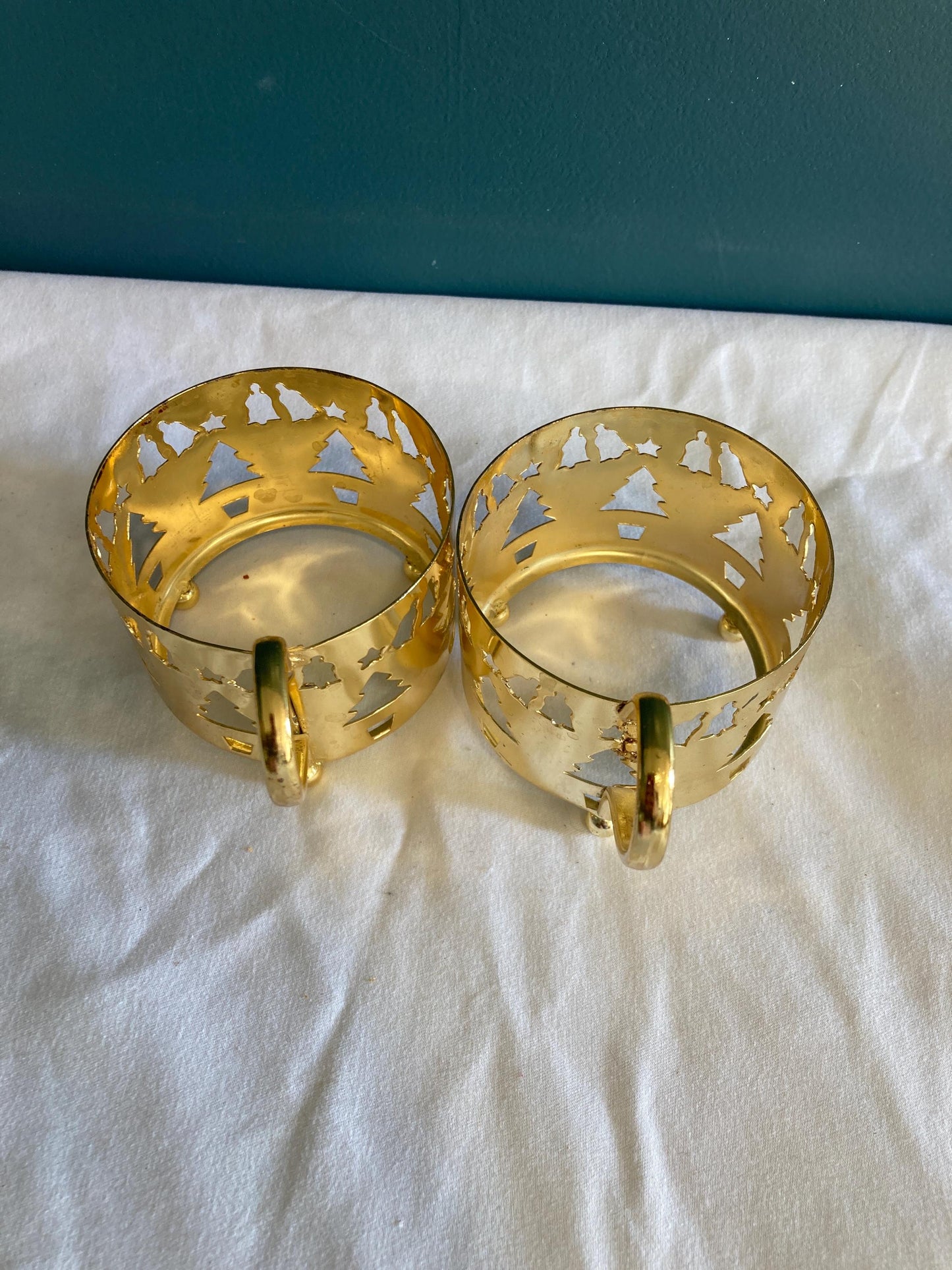 Vintage Gold Metal Cup Holders with Cutout Christmas Trees, Bells, & Stars, Set of 2