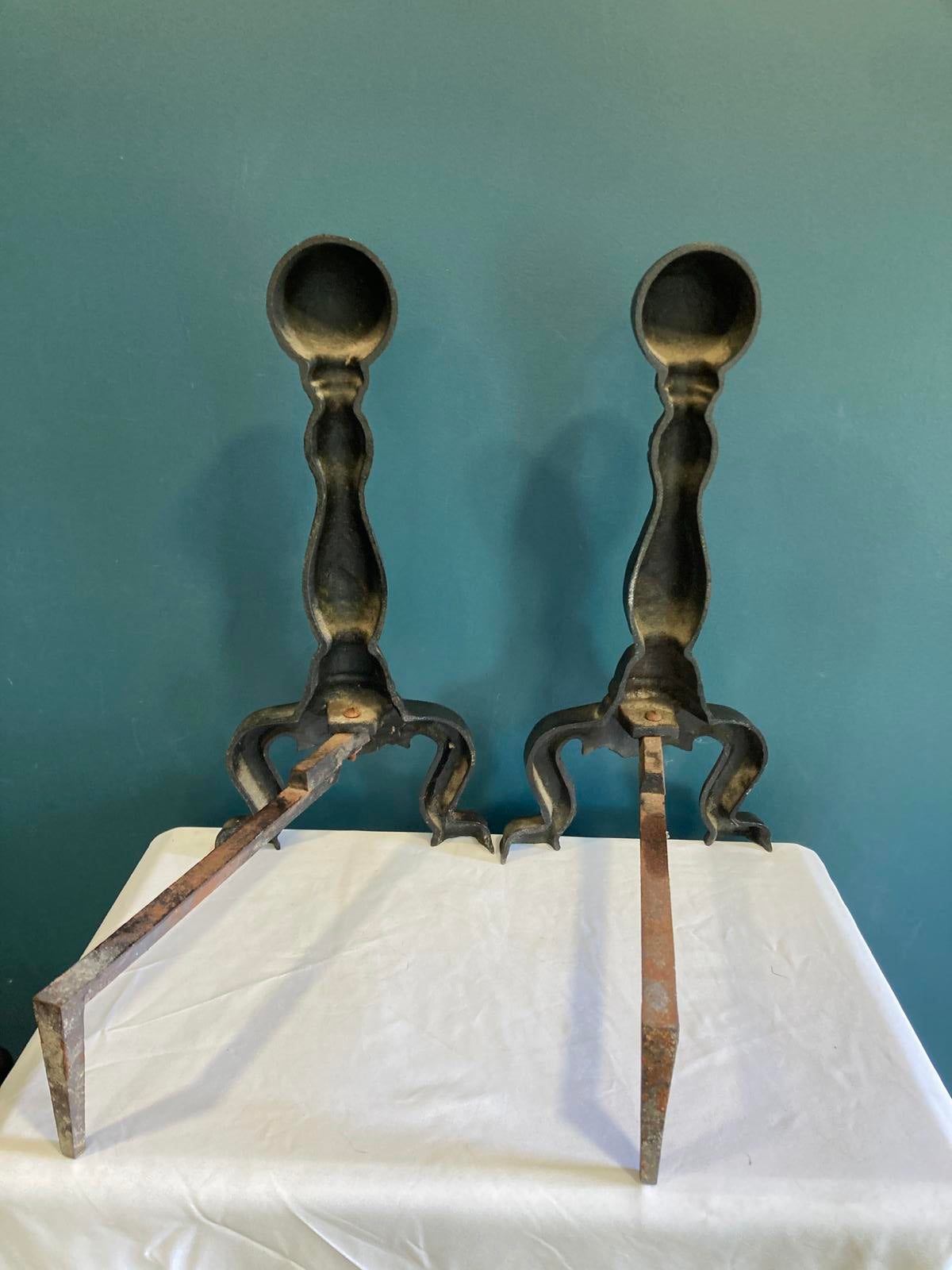 Pair of Vintage Brass and Cast Iron Andirons