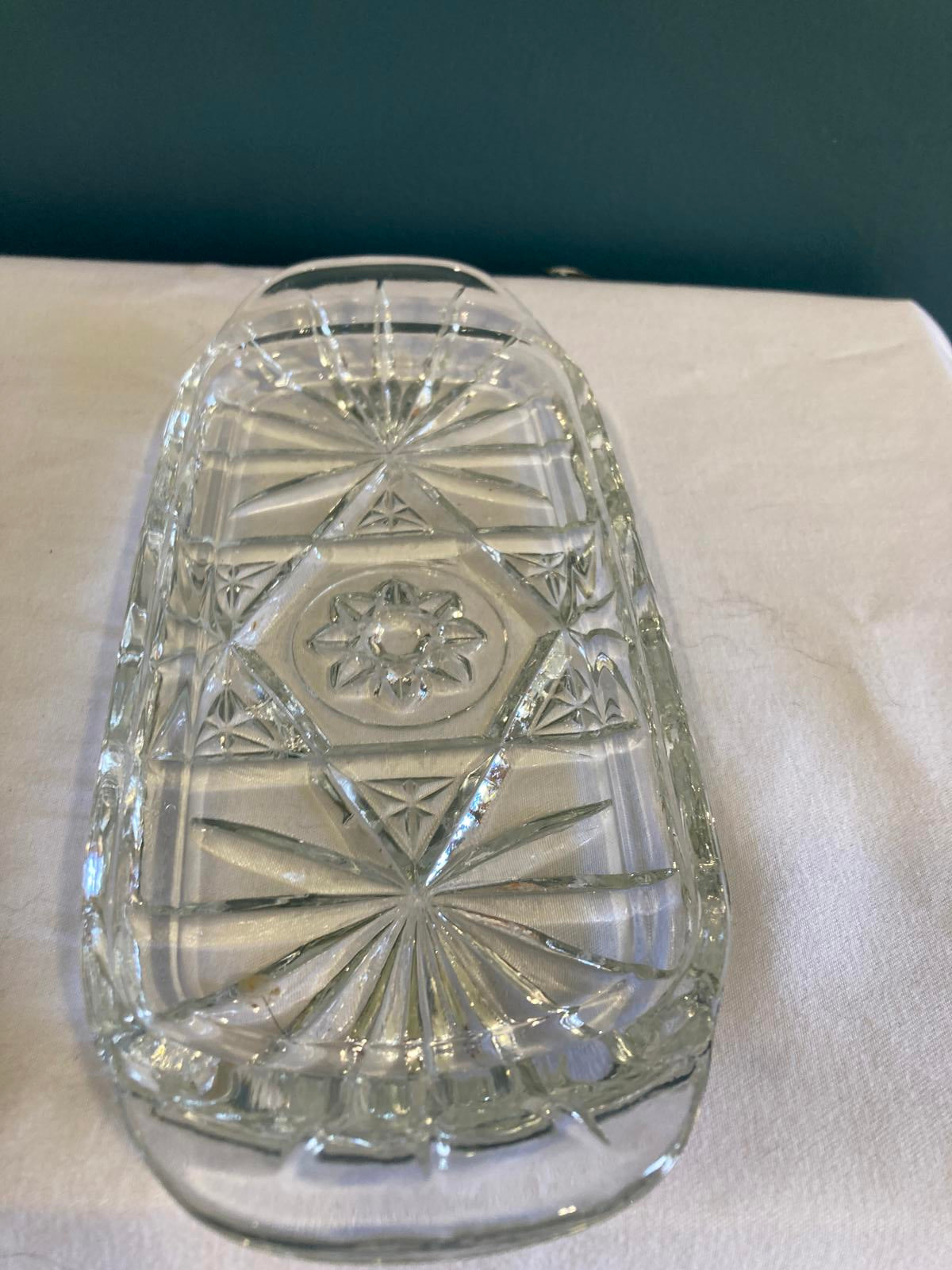 Vintage Pressed Glass Butter Dish with Starburst Design