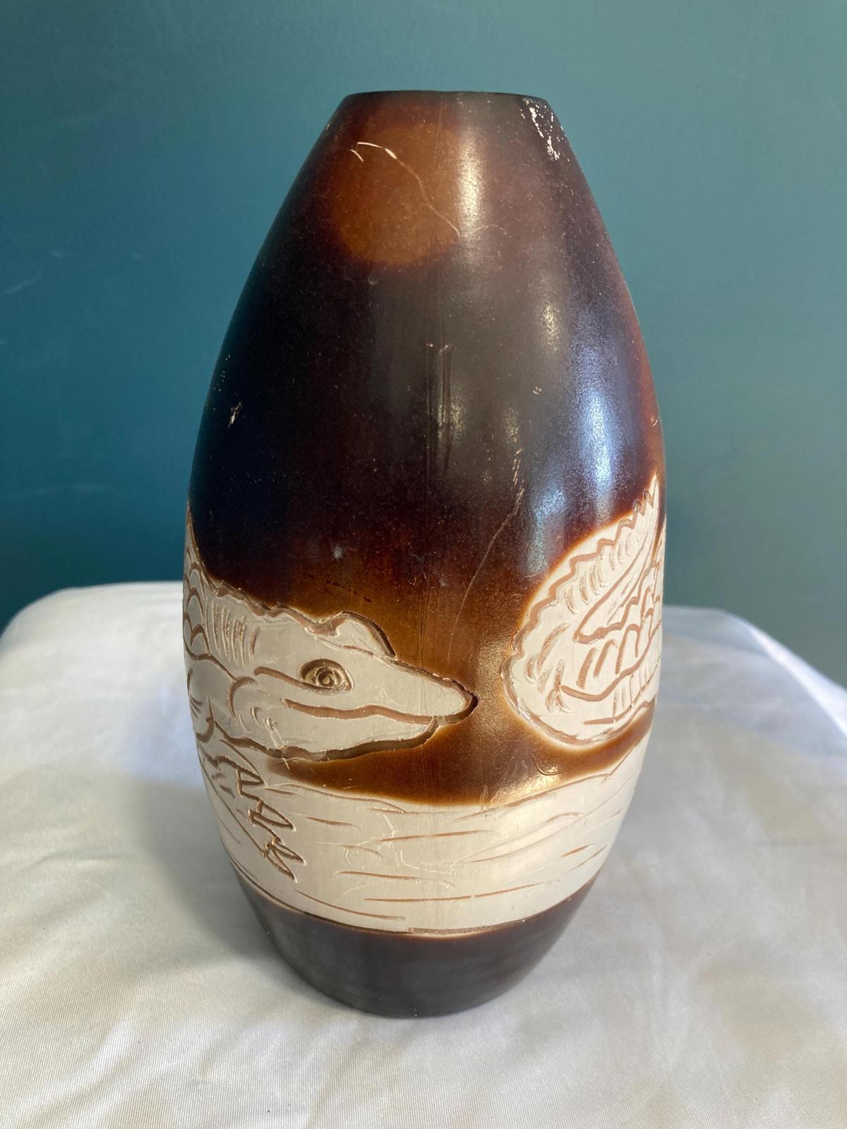 Vintage Hand Carved Solid Wood Iguana Vase