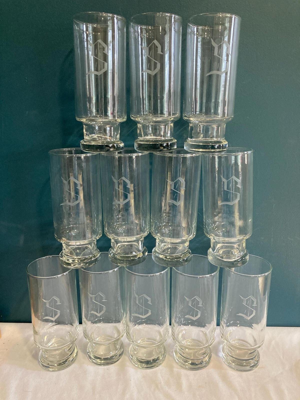 Vintage "S" Etched Tall Glasses, Set of 12