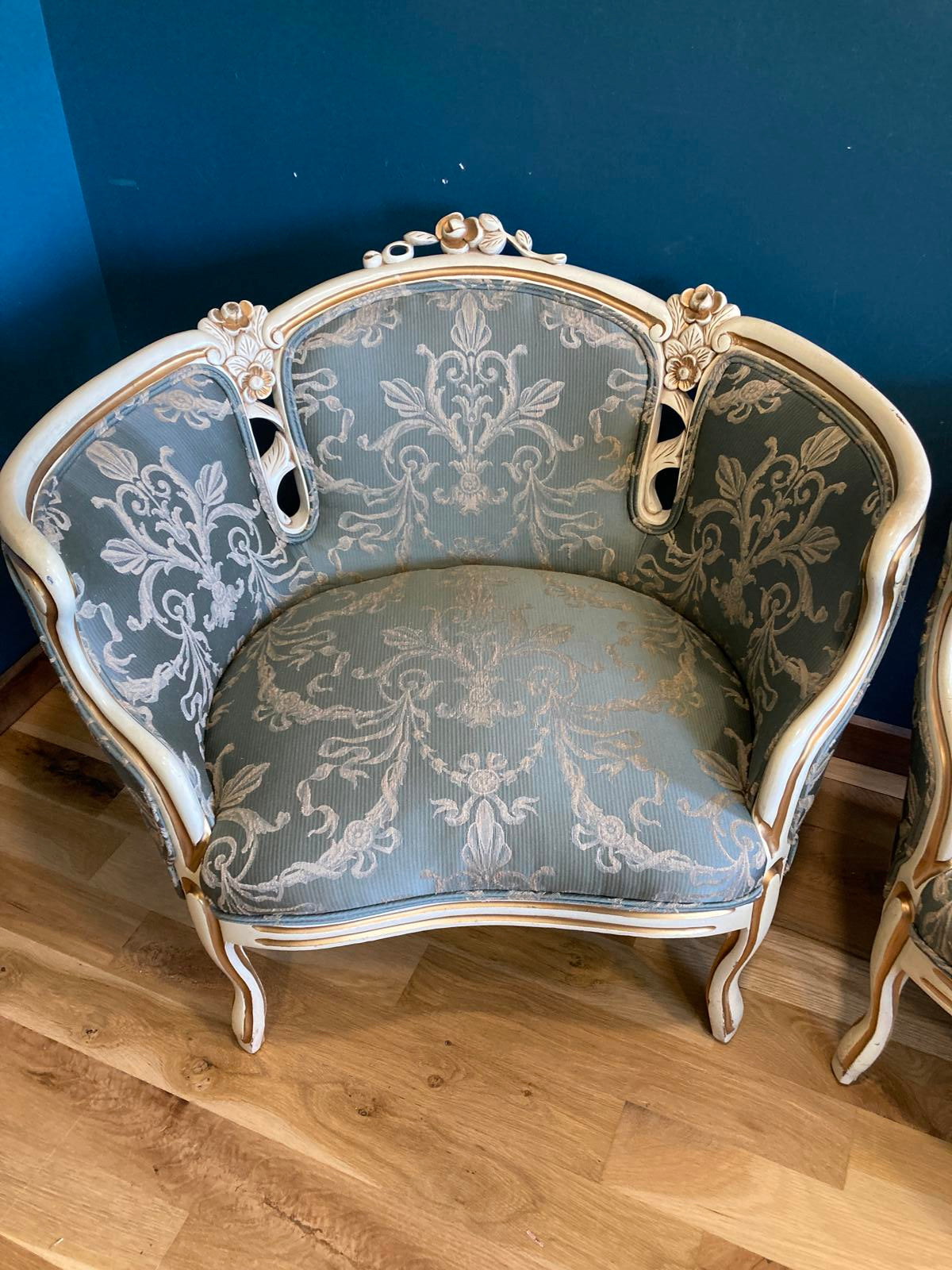 Pair of French Louis XV Style Bergère Chairs With Green Damask Upholstery