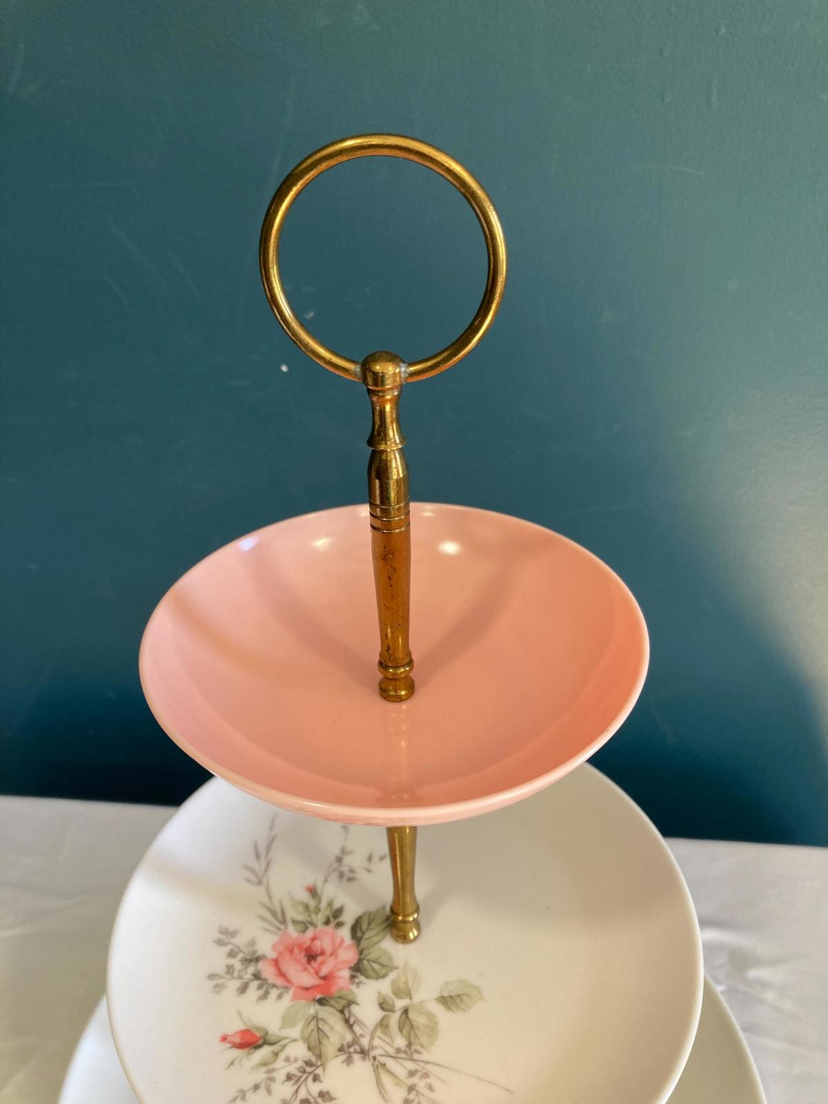 Mid-Century 3-Tiered Pink Roses Server With Brass Handle