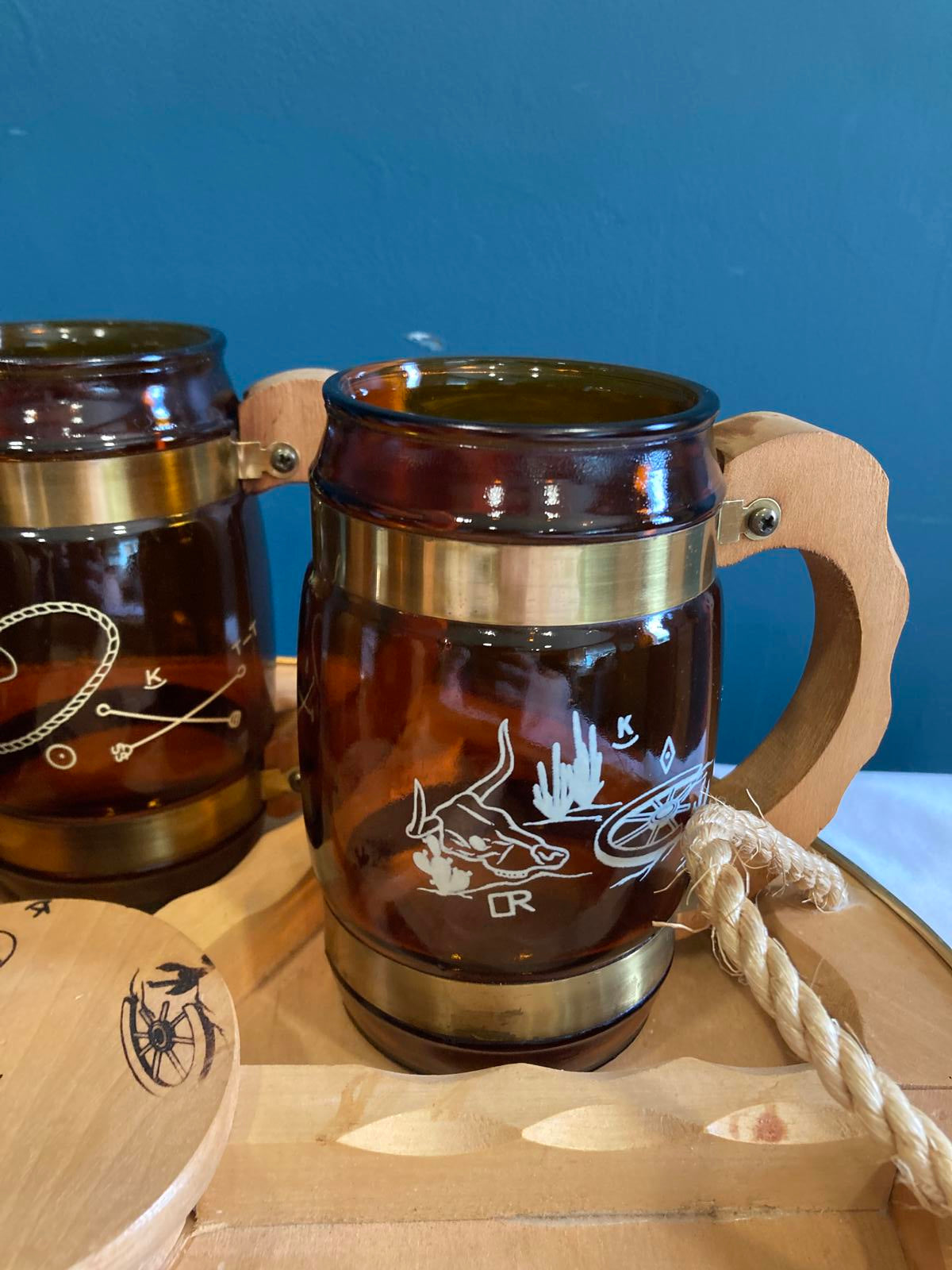 Vintage Amber Glass Cowboy Mugs with Wood Handles and Wagon Wheel Tray Set of 7