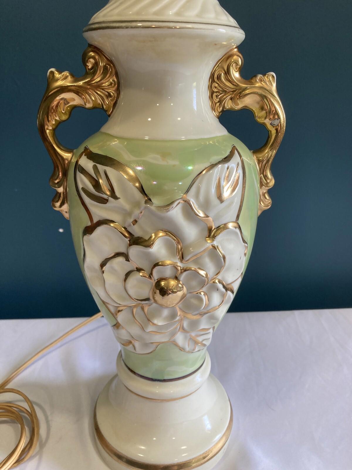 Vintage Hand-Painted Green & Gold Floral Ceramic Urn Lamp Victorian Style