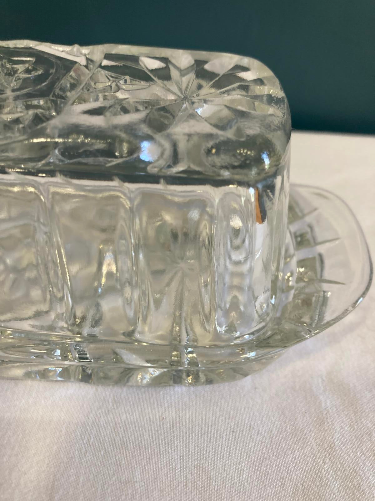 Vintage Pressed Glass Butter Dish with Starburst Design