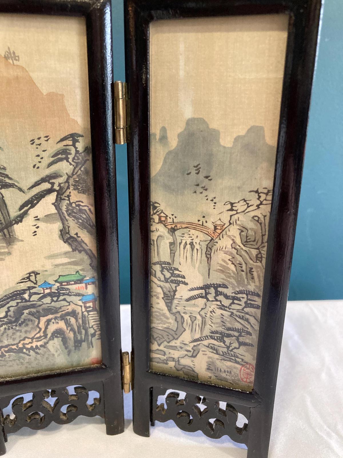 Vintage Small Asian Folding Table Top Hand Painted Screen