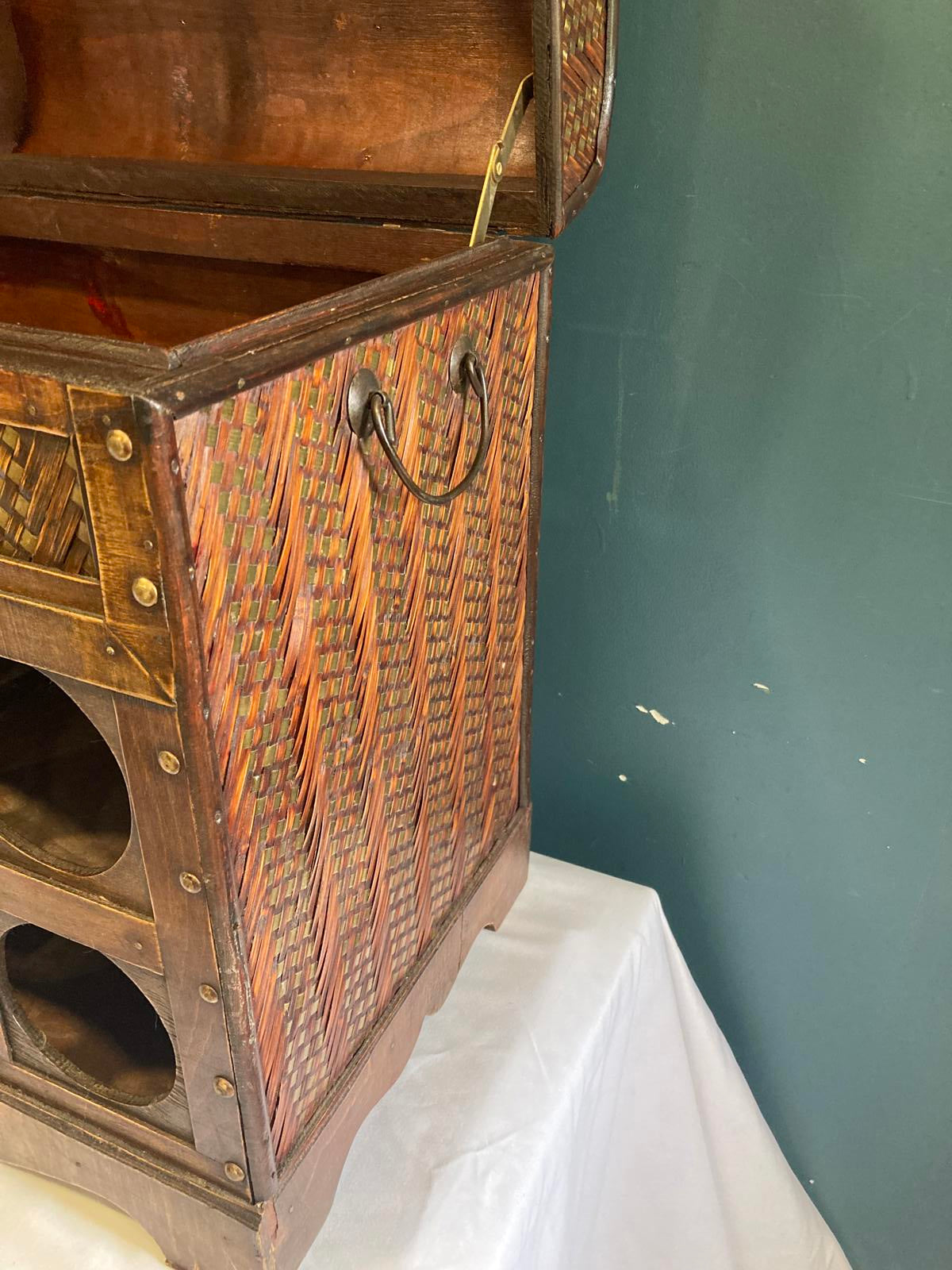 Vintage Trunk Style Wood & Rattan Wine Rack Chest