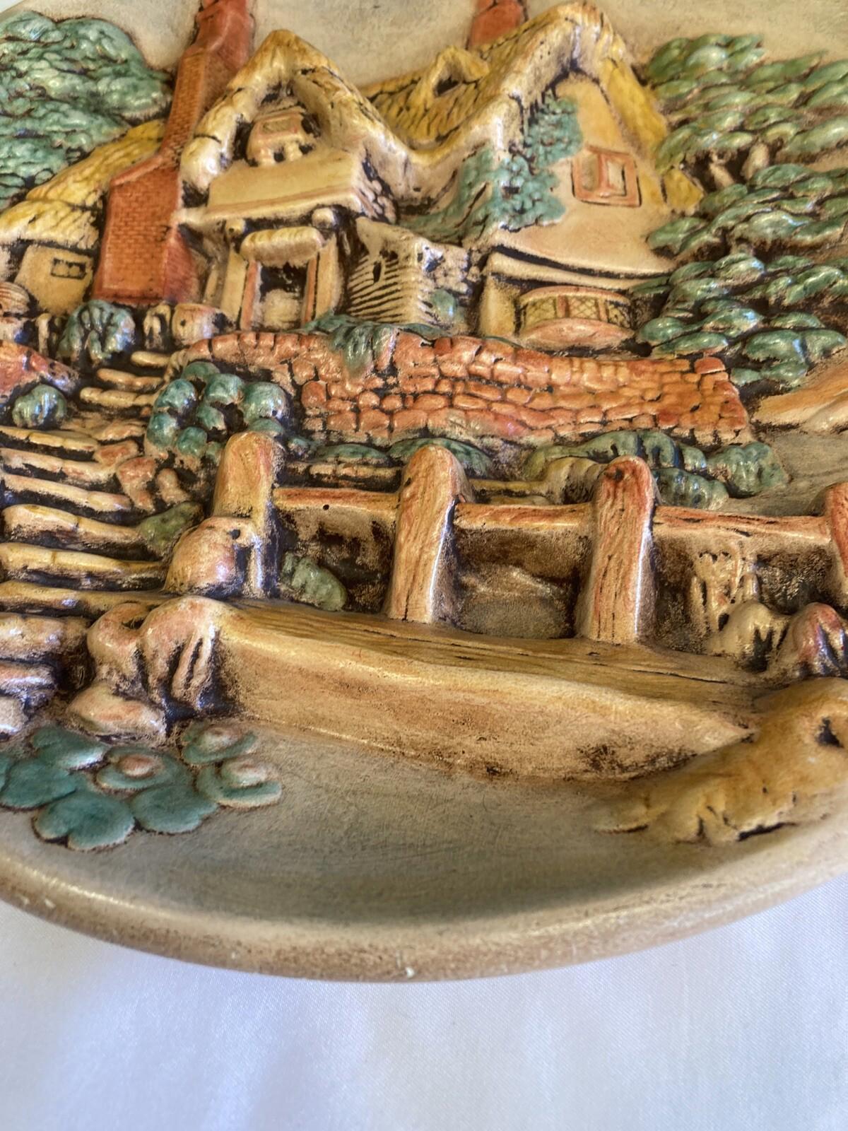 Vintage 3D Ceramic Wall Art Plate – Hand Painted Cottage Scene 11”