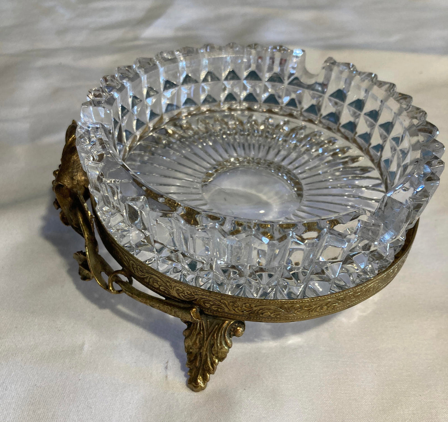 Vintage Crystal Ashtray with Ornate Brass Base Footed Ashtray with Floral Detail