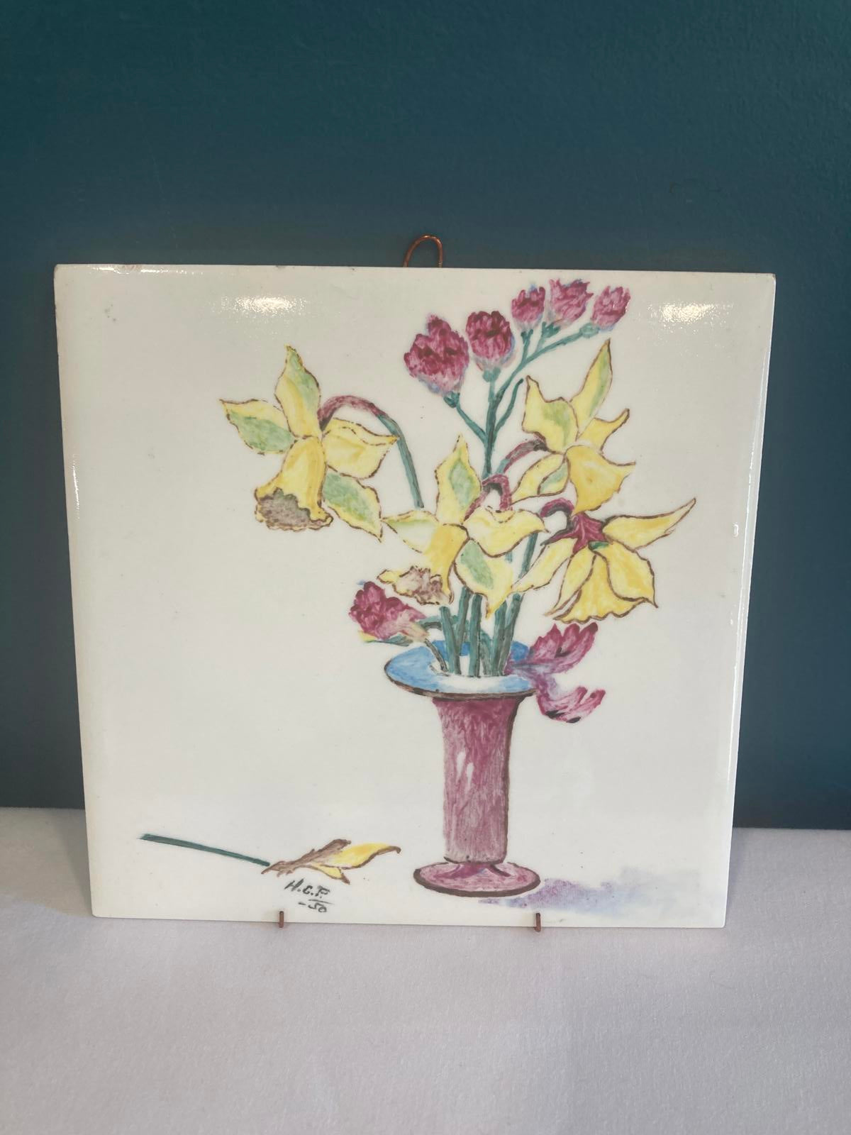 Hand Painted Floral Ceramic Tile 1950– Daffodils & Carnations Wall Art