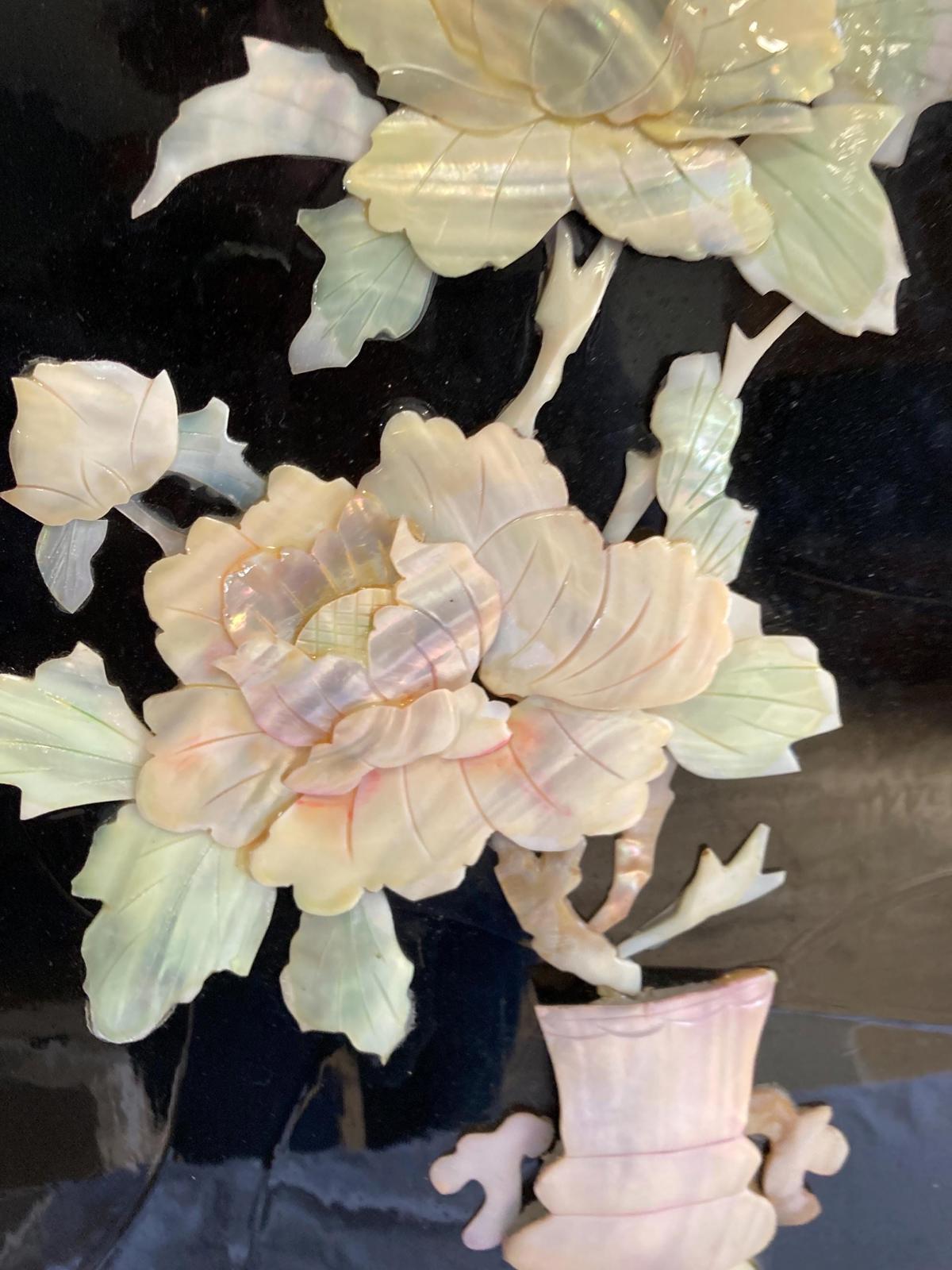 1960s Asian Chinoiserie Mother of Pearl Wall Panel With Black Lacquer