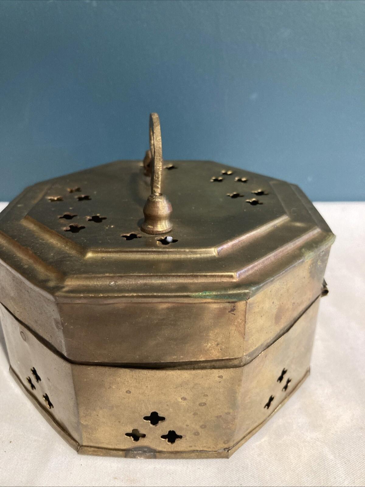 Vintage Pierced Brass Octagon Cricket Trinket Box – Hinged Lid, 4.4”