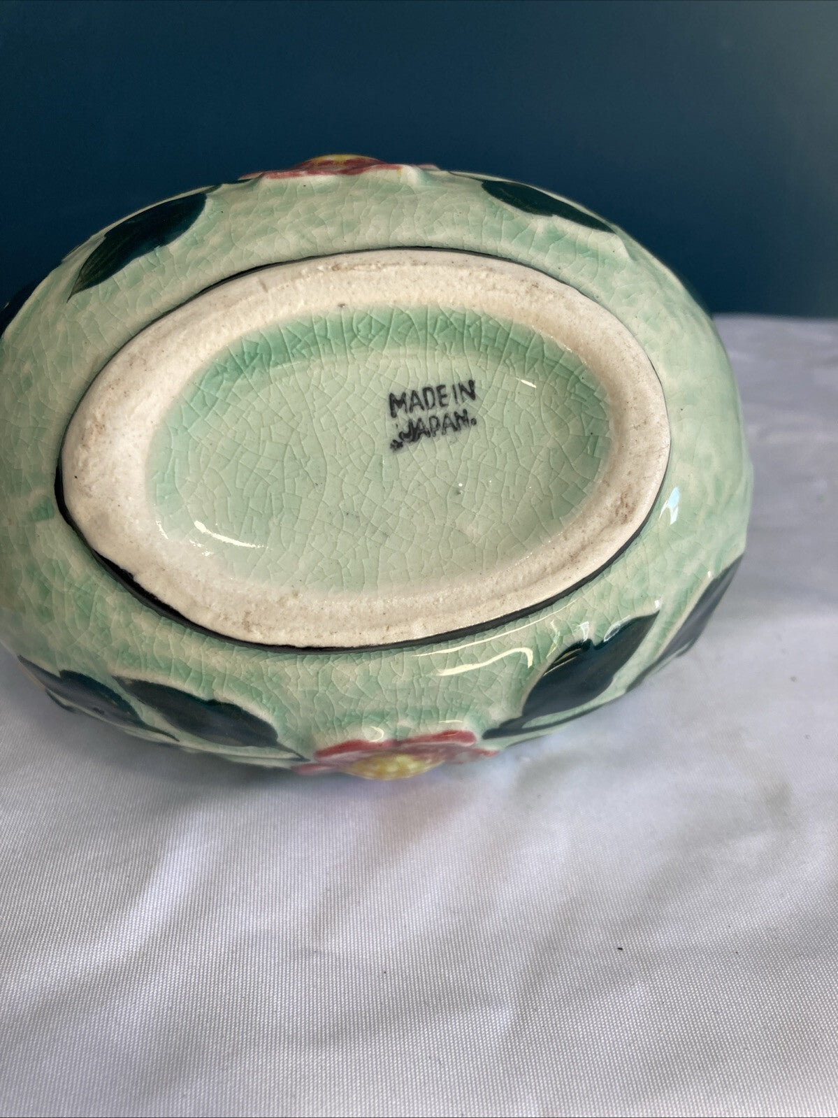 Vintage Japan Ceramic Basket Hand Painted Flowers Green with Black Edge 4"