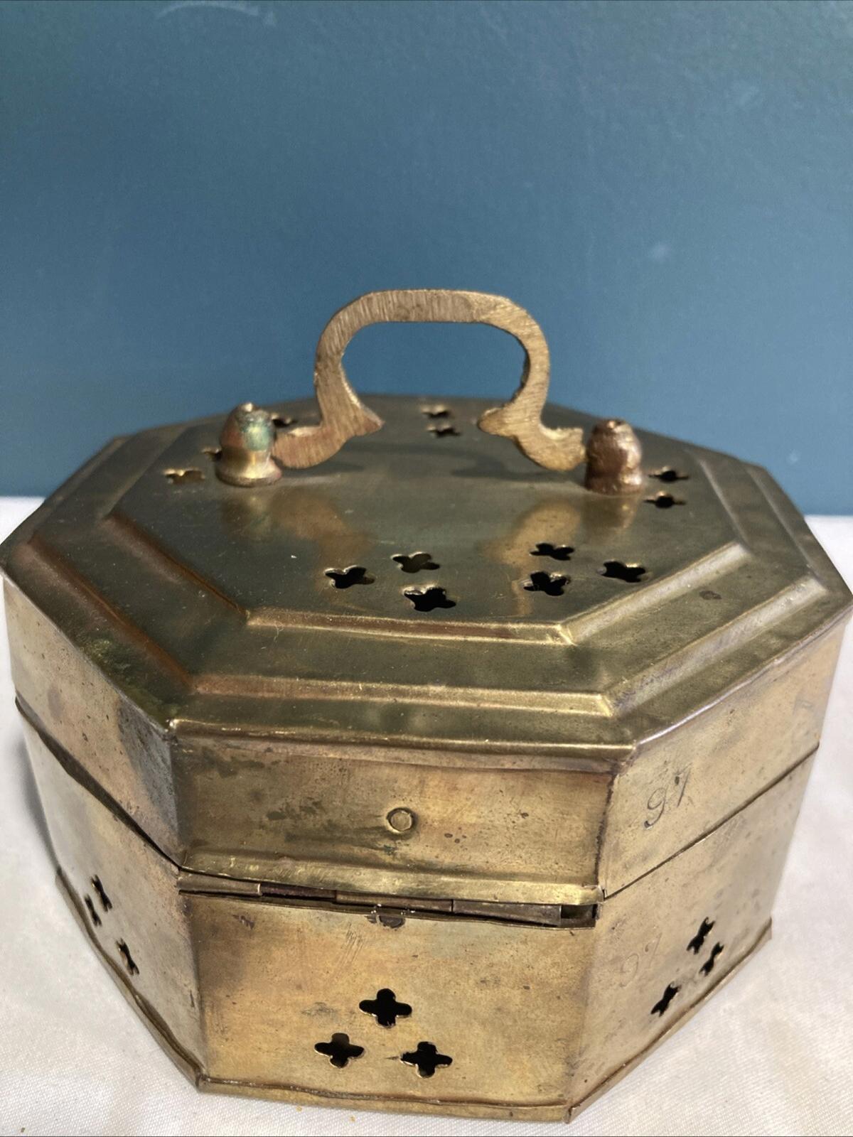 Vintage Pierced Brass Octagon Cricket Trinket Box – Hinged Lid, 4.4”