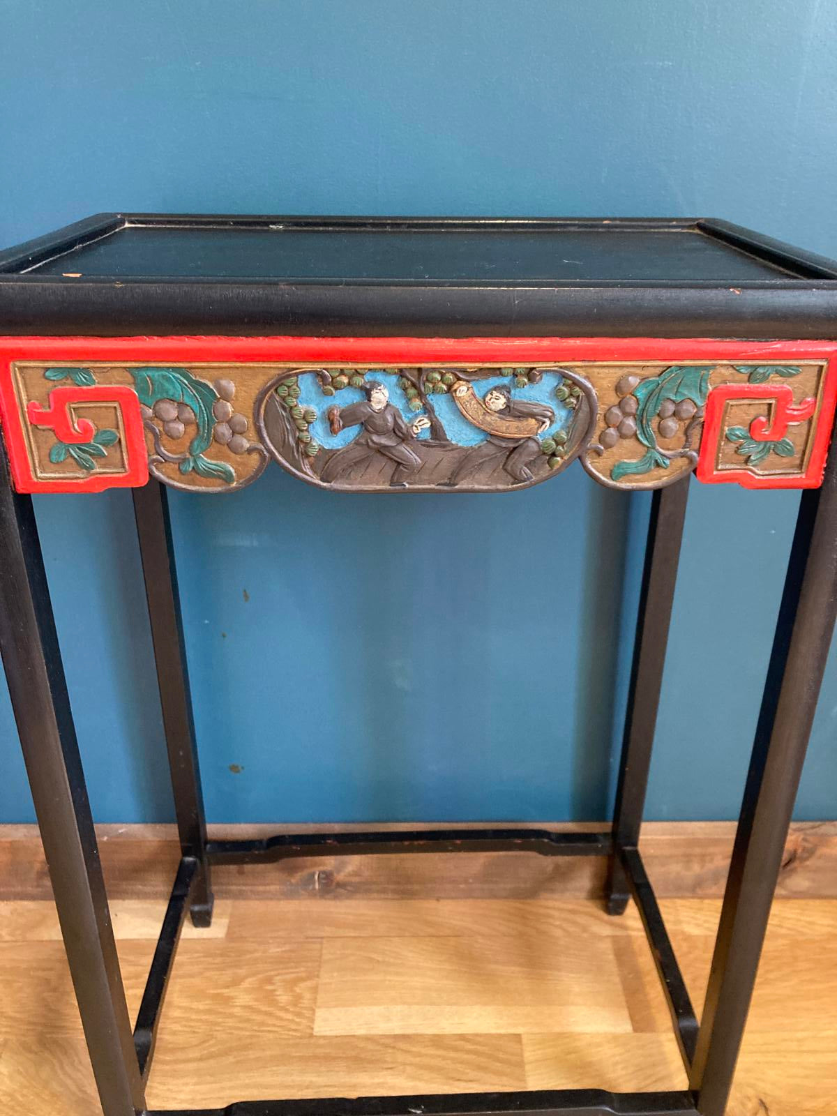 Vintage Asian Accent Table with Carved Painted Scene | Red & Black Lacquer Finish | Vintage Finds