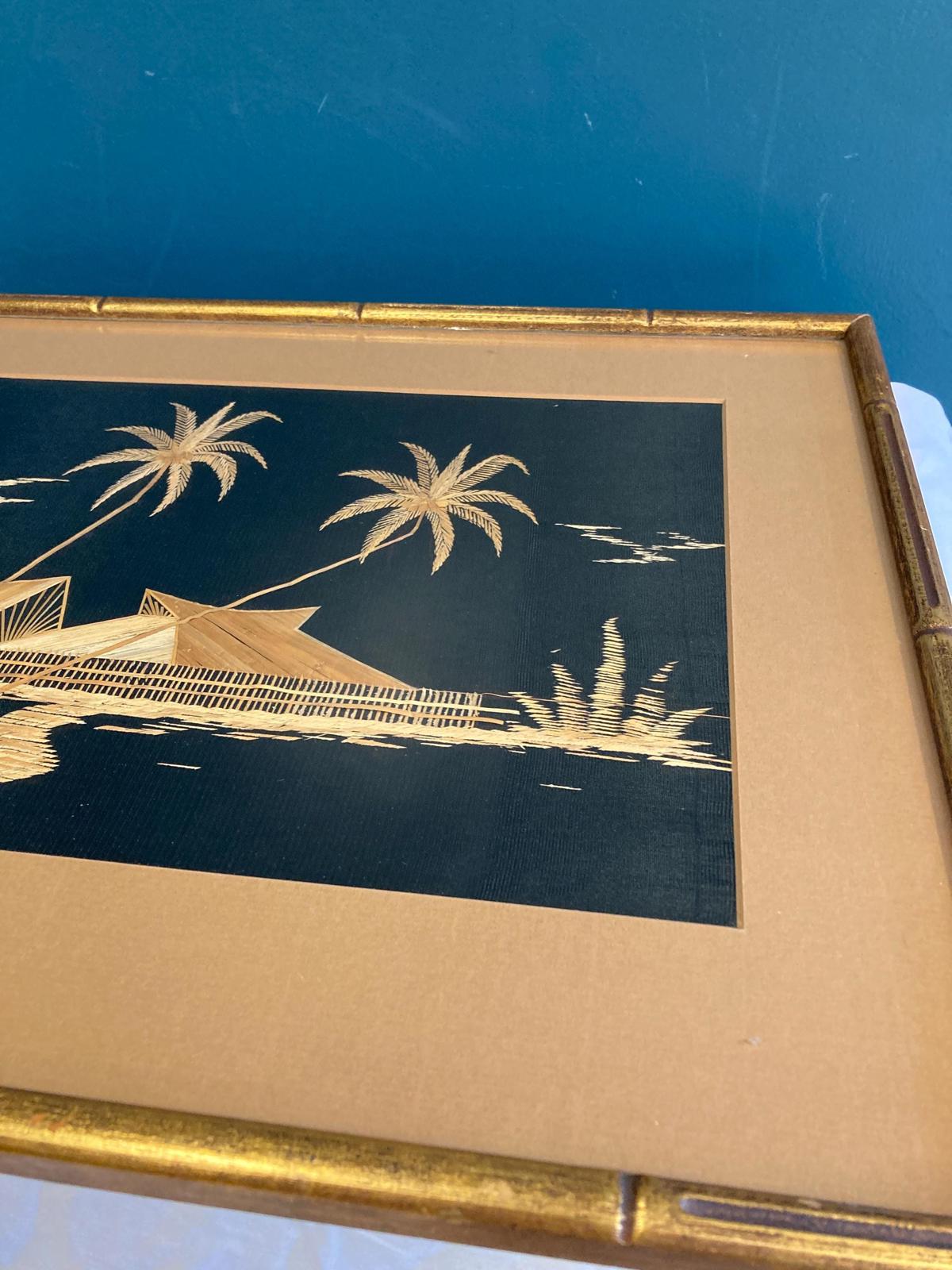 Vintage Straw Art Picture - Mid-Century Tropical Asian Scene