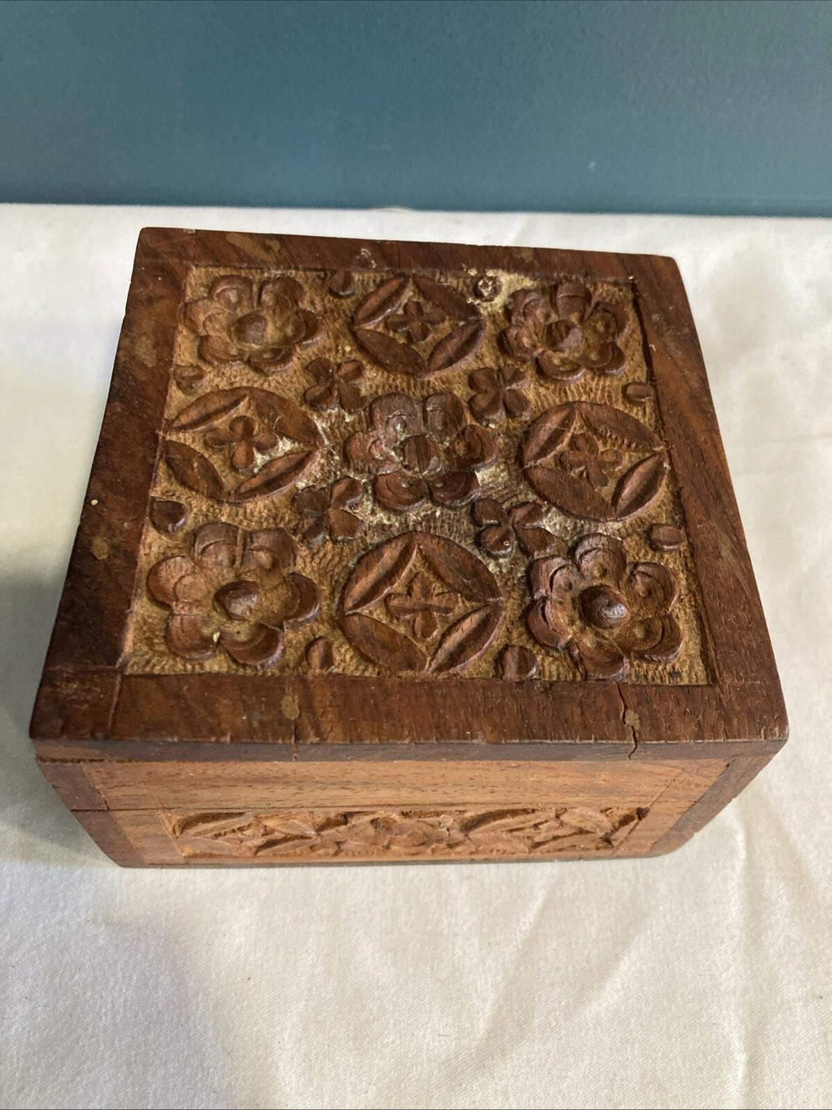 Vintage Carved Wood Trinket Box with Purple Velvet Lining – Made in India