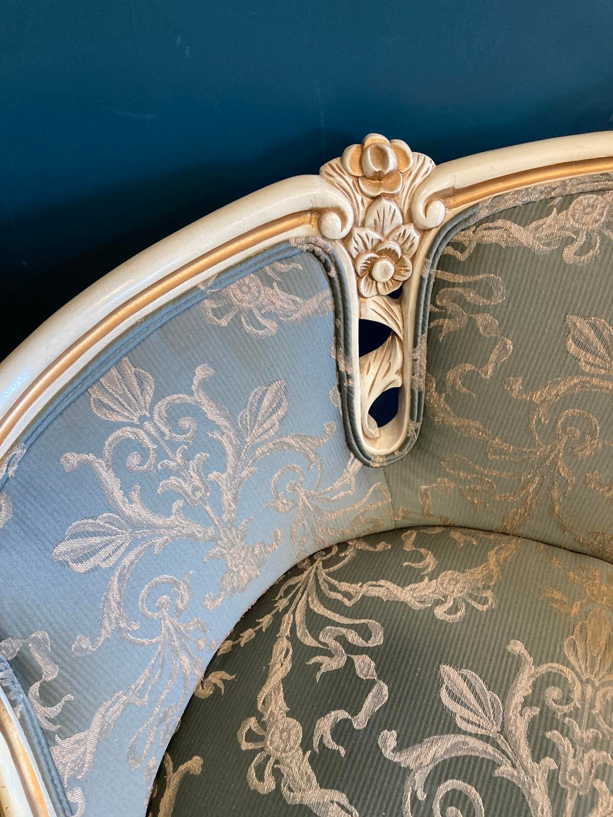 Pair of French Louis XV Style Bergère Chairs With Green Damask Upholstery
