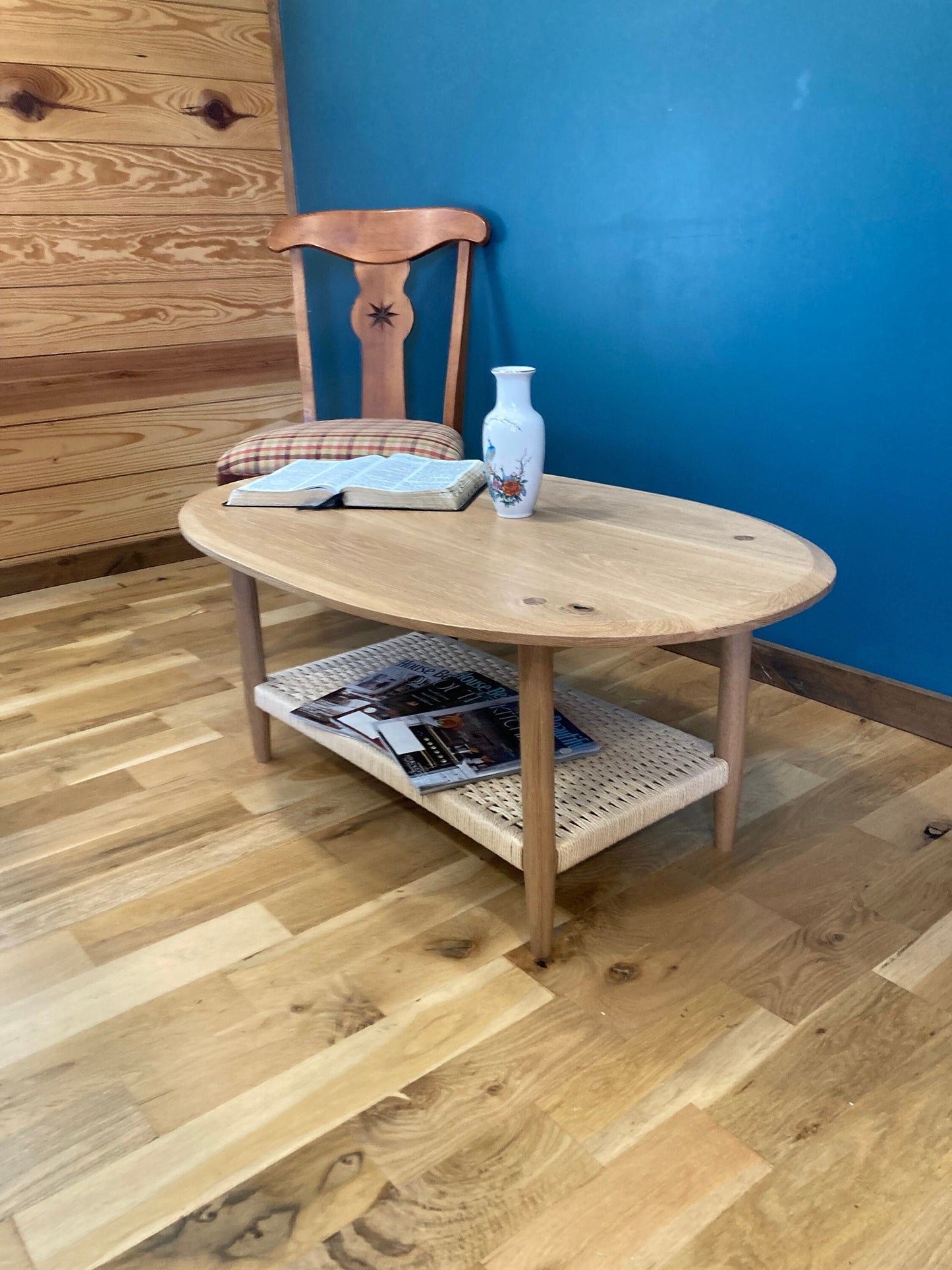 Handcrafted Solid Oak Danish Modern Coffee Table With Danish Paper Cord Shelf