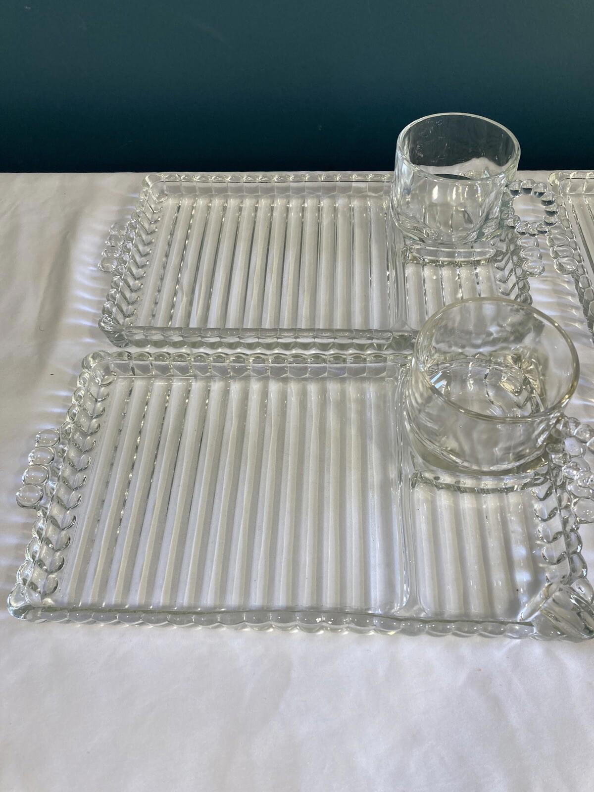 VTG Hazel Atlas Sip N Smoke Snack Set – 4 Trays & Cups w/ Box, MCM Luncheon Set