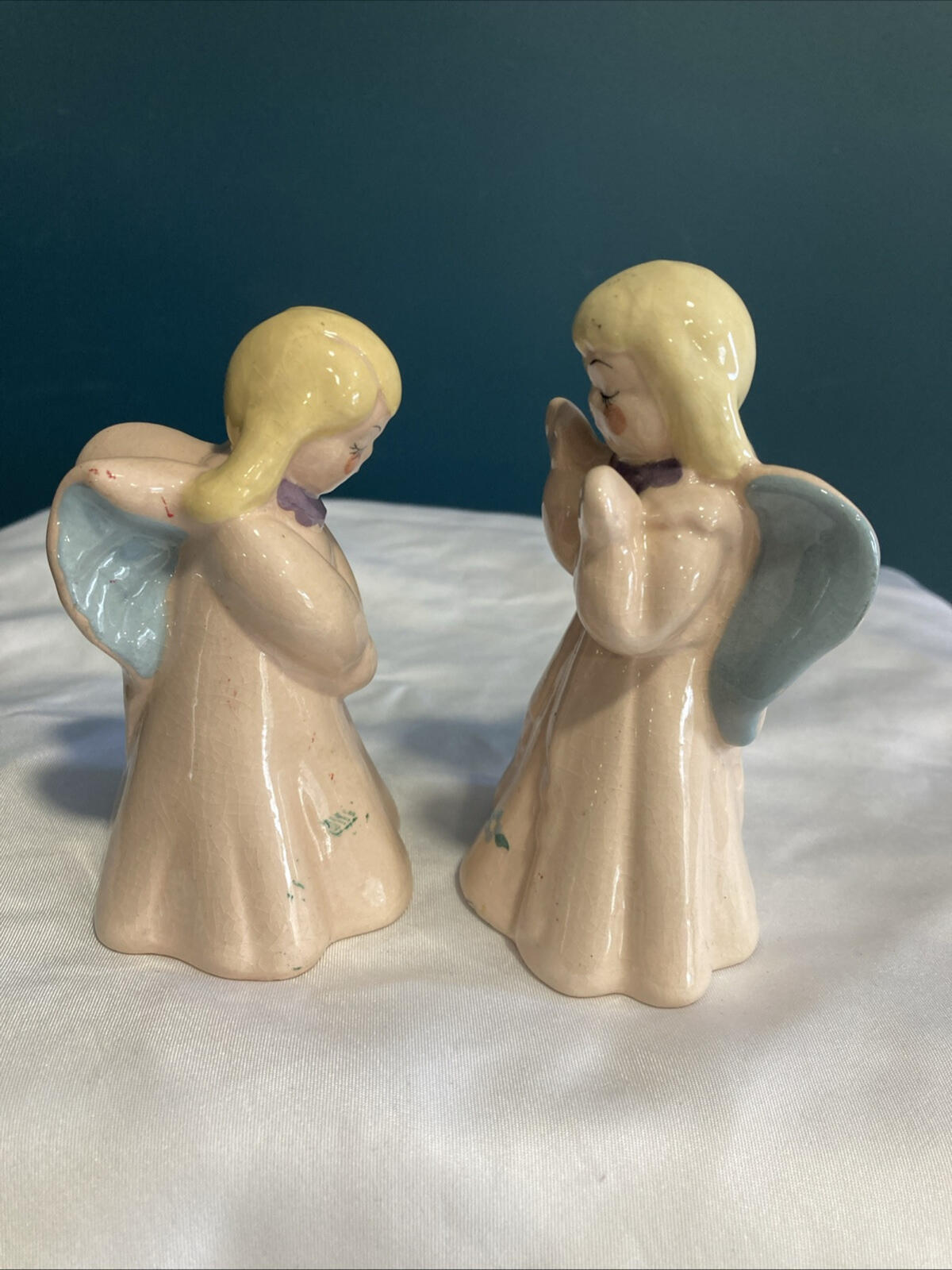 Vintage Kay Finch Praying Angel Figurines California Pottery Pink Blue Wings