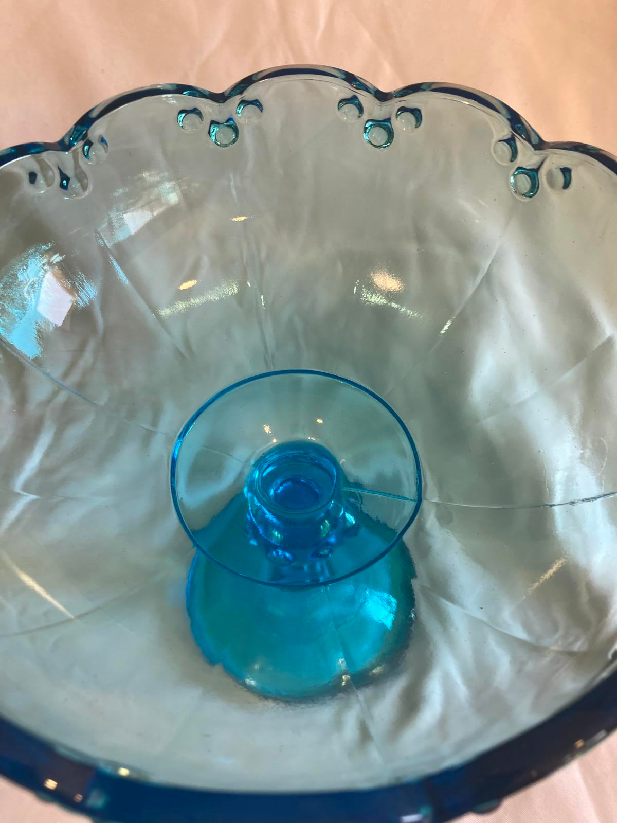 Vintage Blue Glass Compote Pedestal Bowl – Scalloped Edge