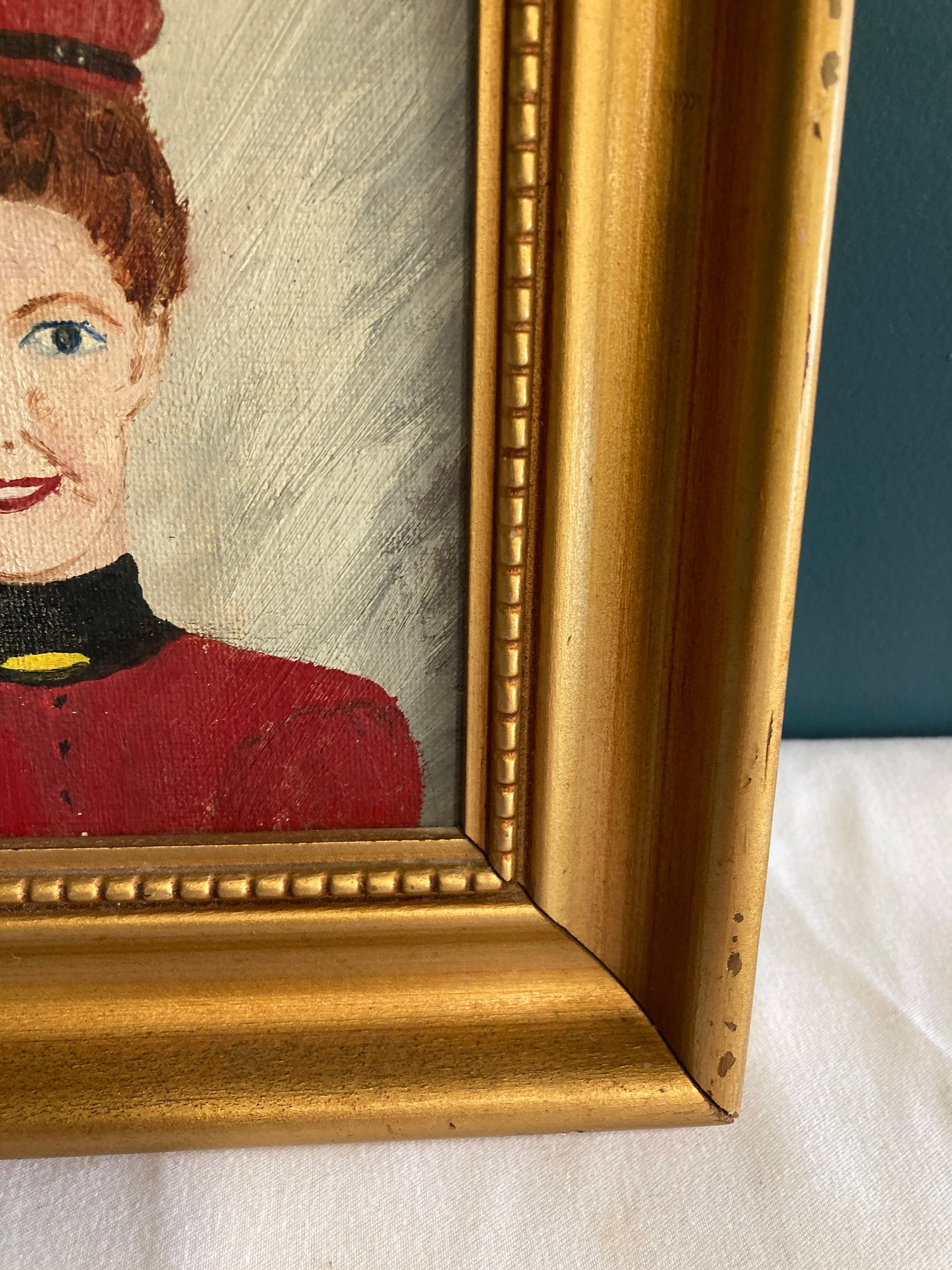 Vintage Original Woman in Red Oil Painting with Gold Frame