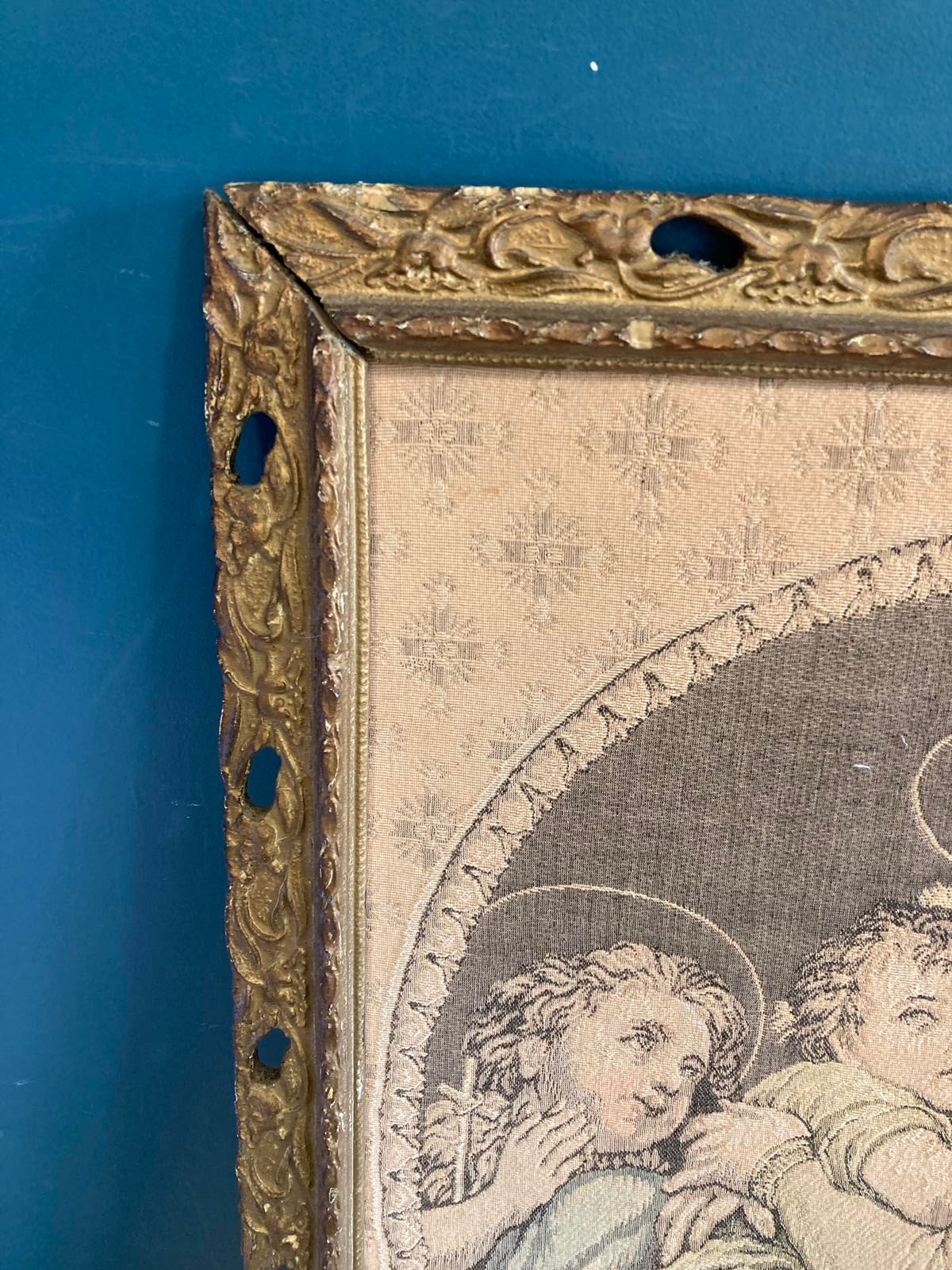 Antique Madonna and Child Framed Tapestry with Gold Frame