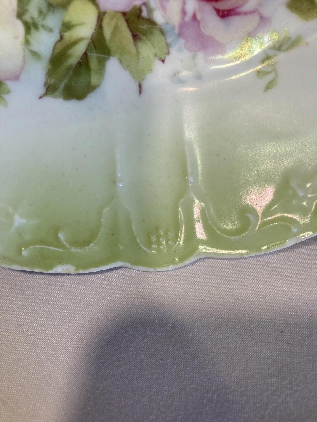 Antique Prussian Hand Painted Pink and Green Dessert Plate with Handles