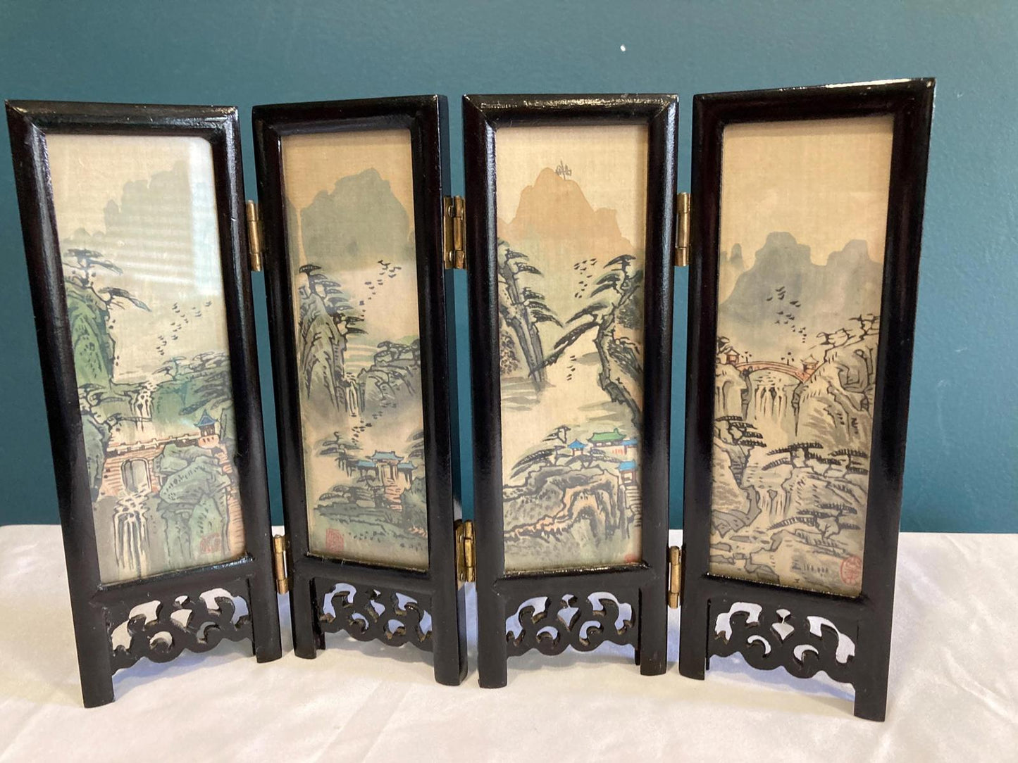 Vintage Small Asian Folding Table Top Hand Painted Screen