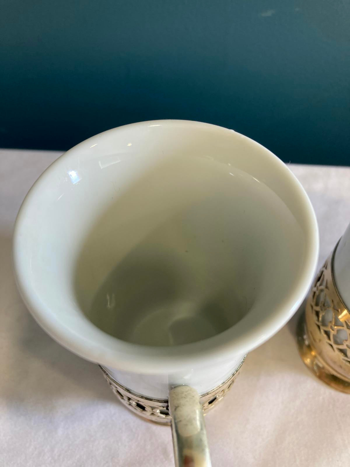 Vintage Shamrock Porcelain Mugs with Silver Holders, Irish Coffee Cups