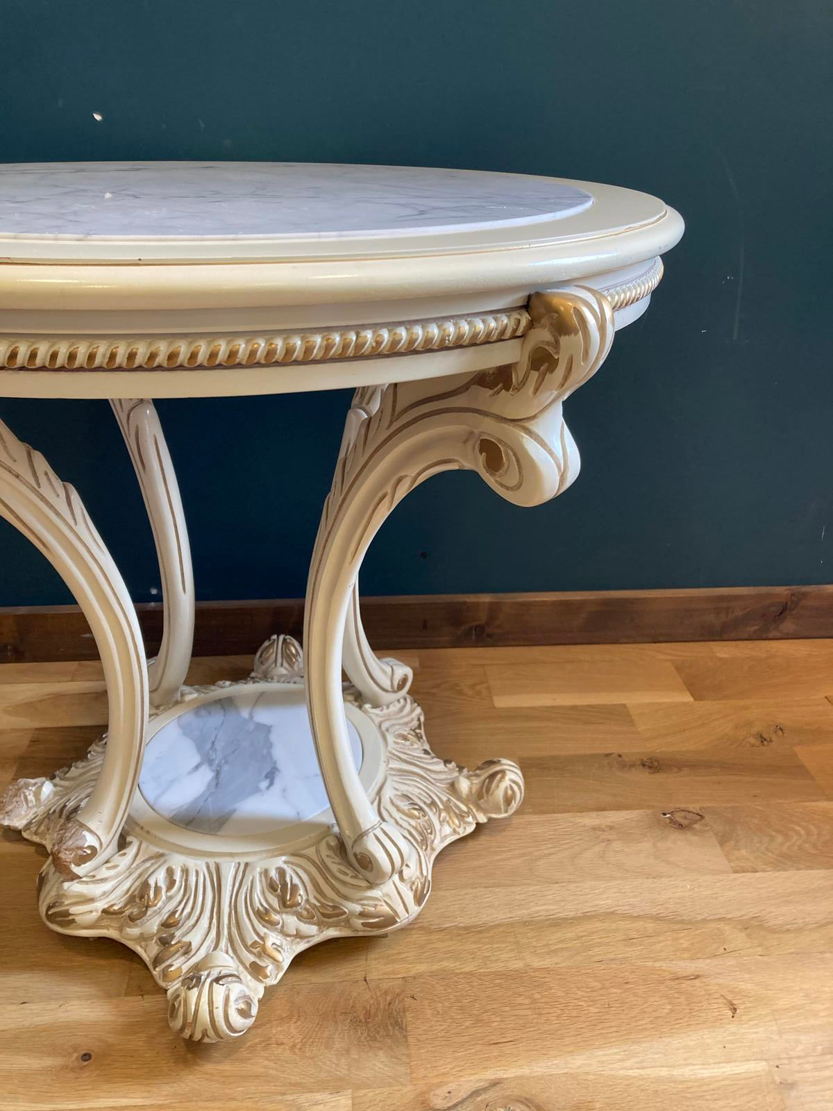 Ornate French Provencal Marble Top Side Table with Gold Accents