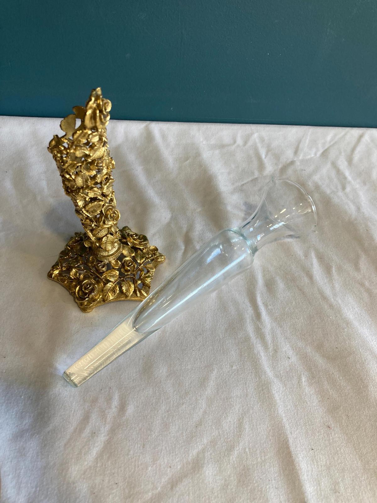 Vintage Matson Brass Roses Bud Vase with Glass Insert