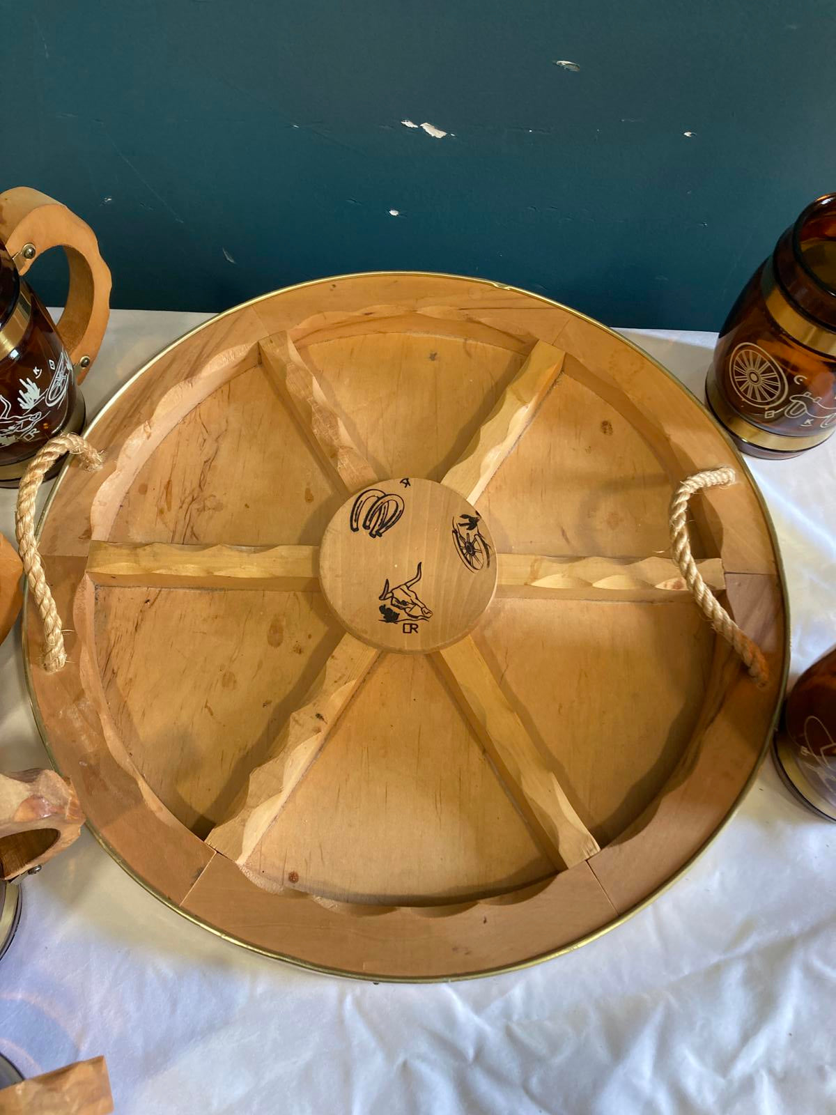 Vintage Amber Glass Cowboy Mugs with Wood Handles and Wagon Wheel Tray Set of 7