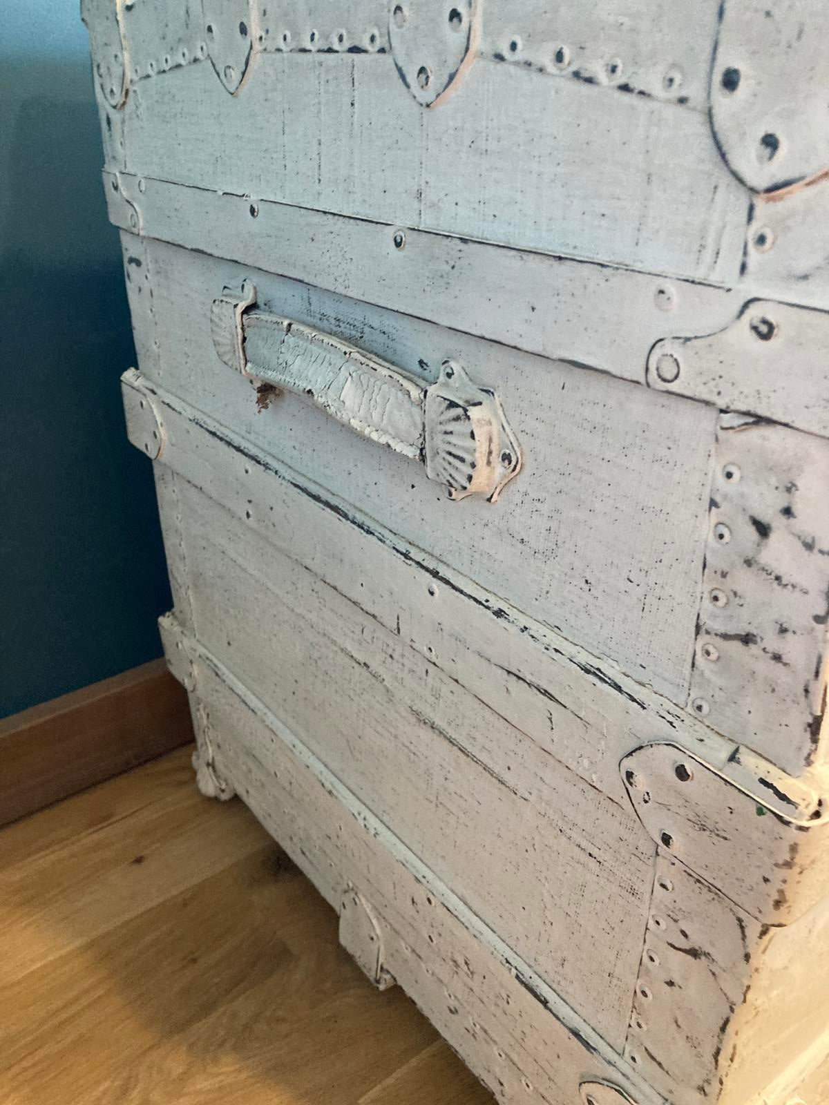 Antique White Distressed Wooden Steamer Trunk