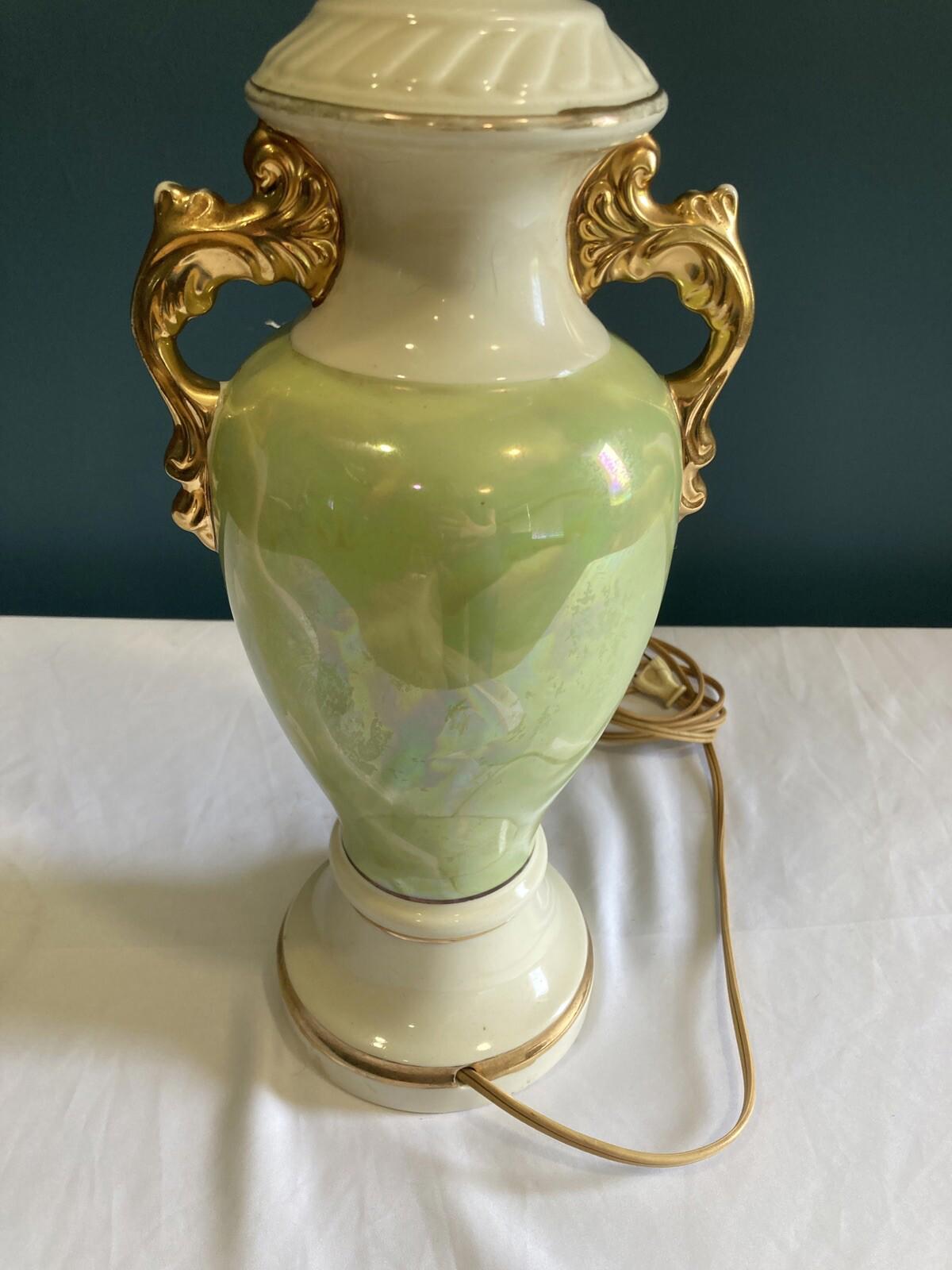 Vintage Hand-Painted Green & Gold Floral Ceramic Urn Lamp Victorian Style