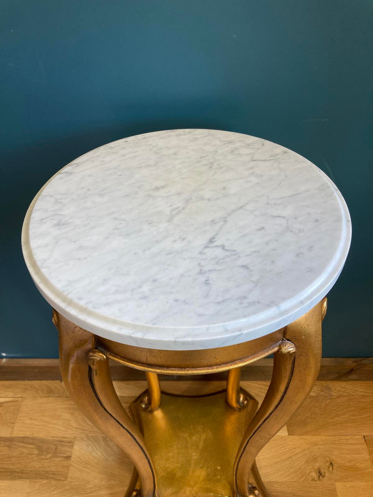 Vintage Giltwood Gold Pedestal Table with White Marble Top