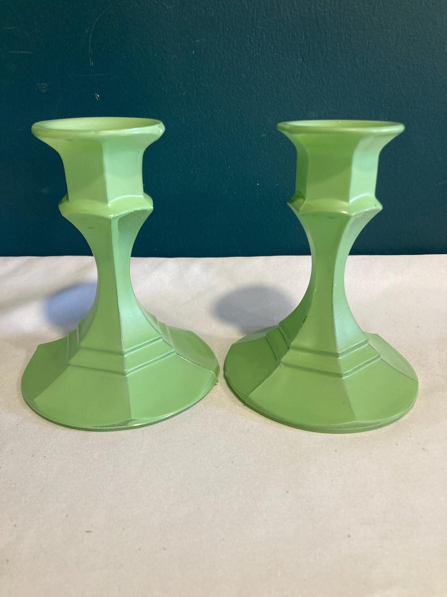 Vintage Green Painted Glass Candlesticks, set of 2