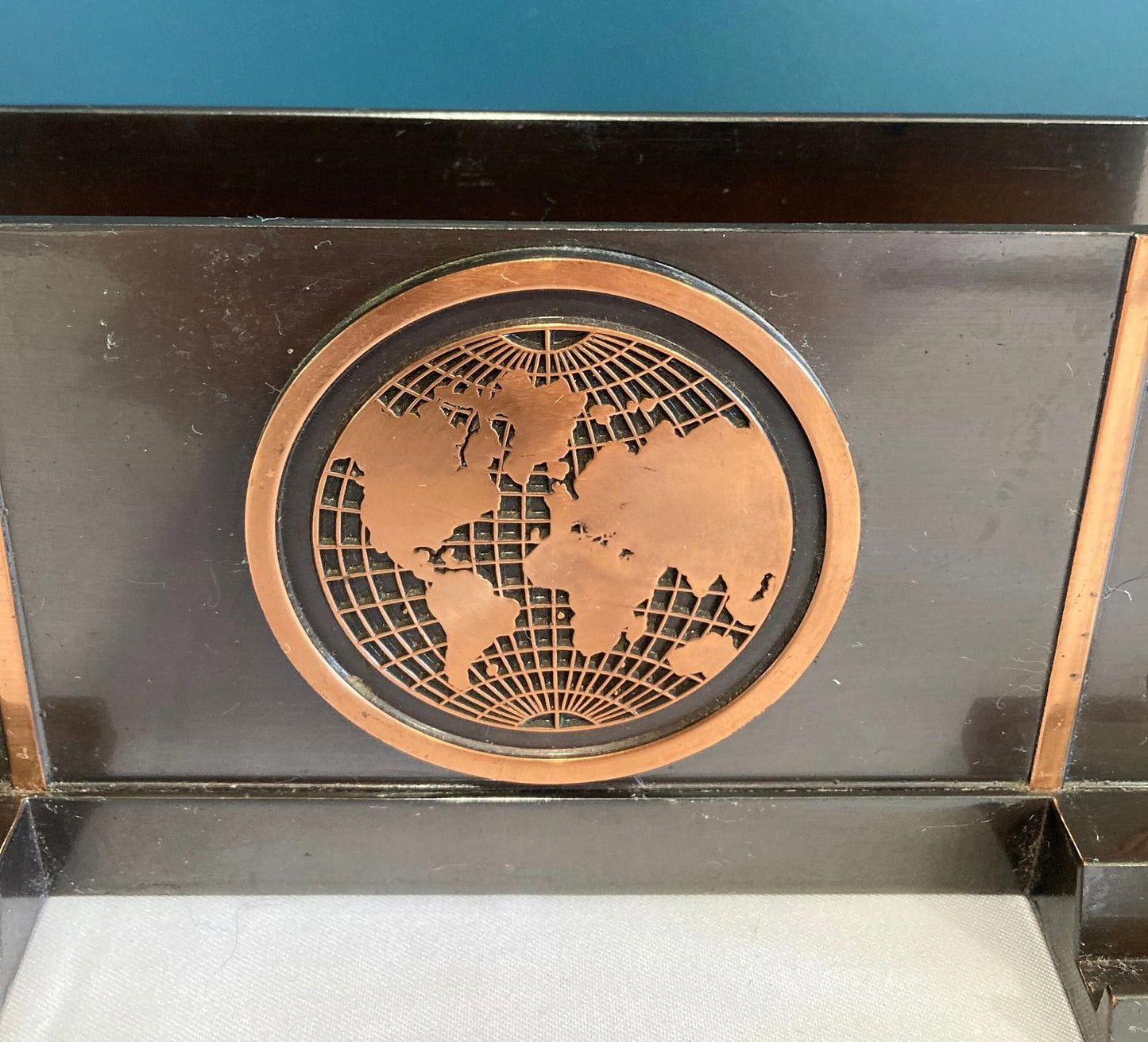Vintage Copper & Metal Letter Holder with World Map – Leaf Motif, Velvet Base