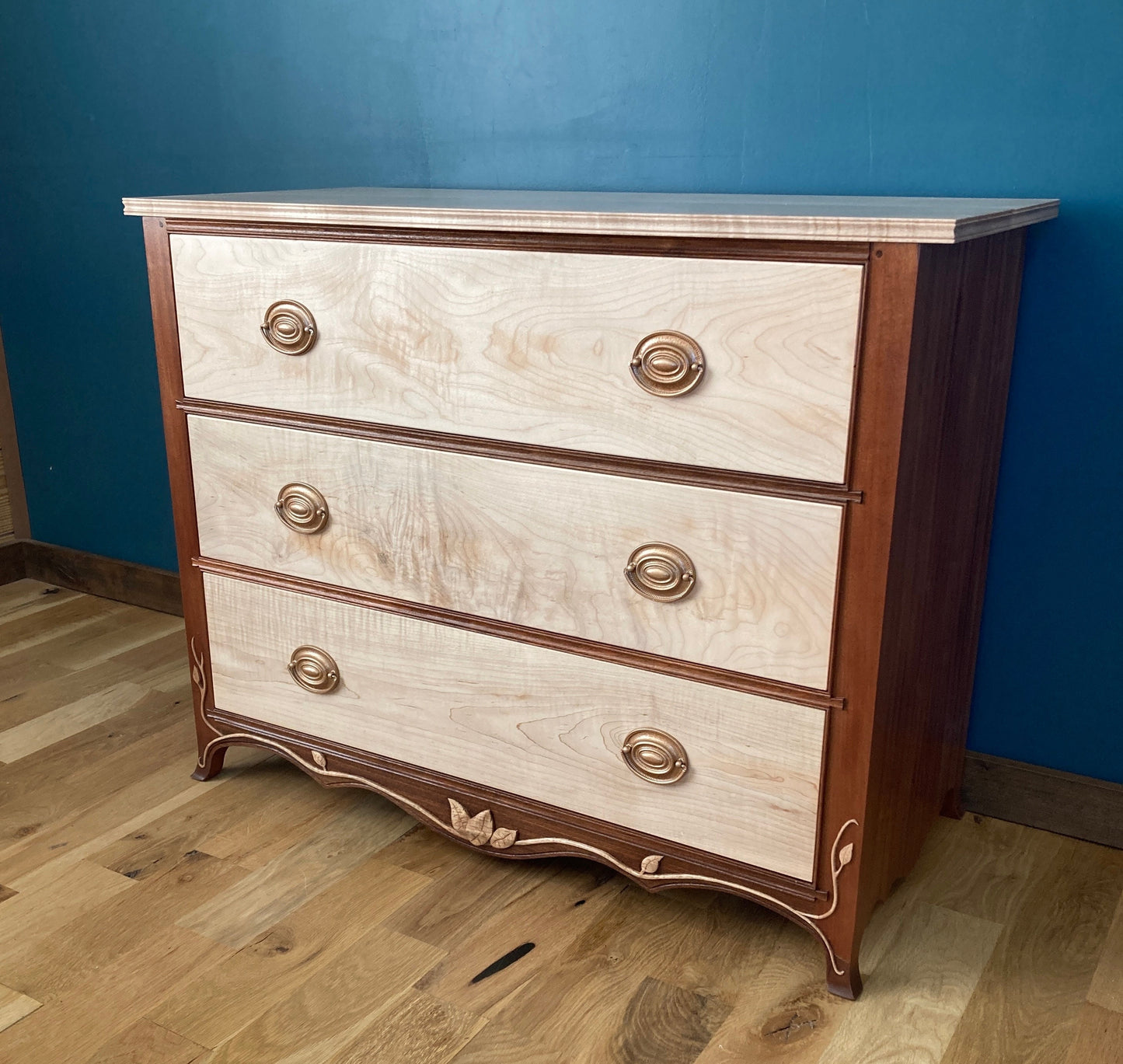 Handcrafted Mahogany & Maple 3-Drawer Dresser with Hand Carved Leaves