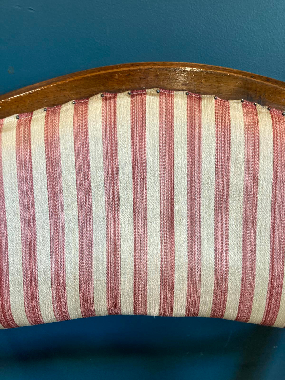 Antique Wood Armchair With Rush Seat & Striped Upholstered Back