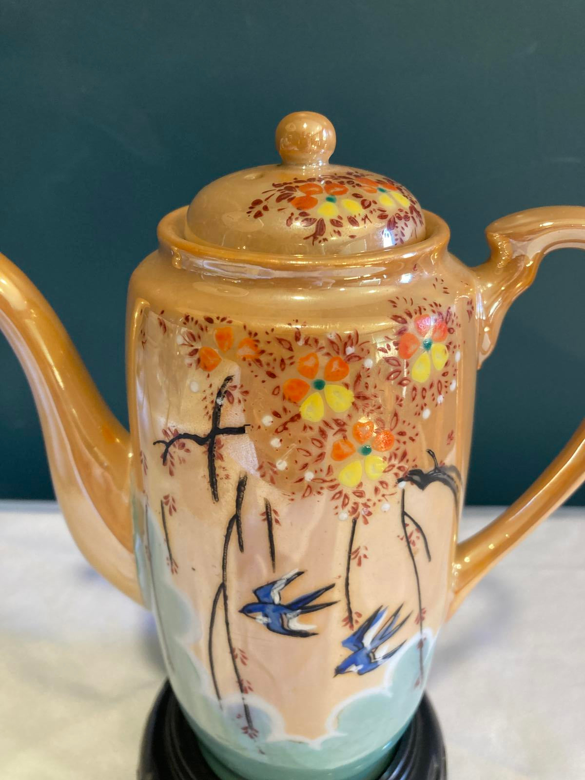 Vintage Hand Painted Porcelain Japanese Teapot with Swallow Birds