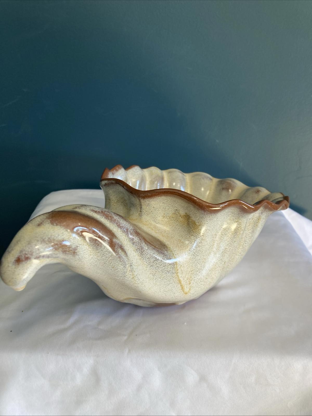 Vintage Studio Pottery Shell Bowl with Curved Handle | Retro Glazed Pottery