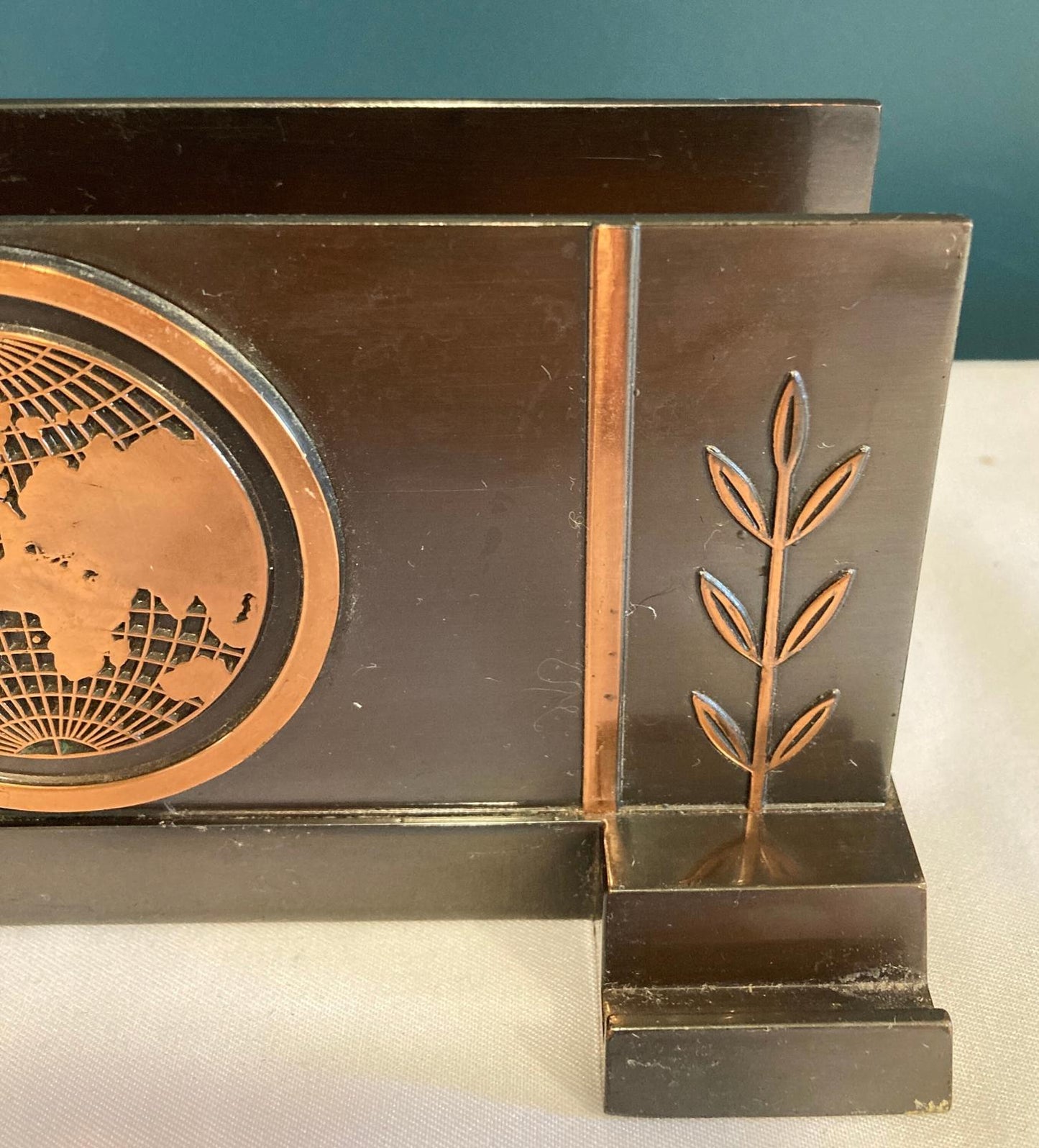 Vintage Copper & Metal Letter Holder with World Map – Leaf Motif, Velvet Base