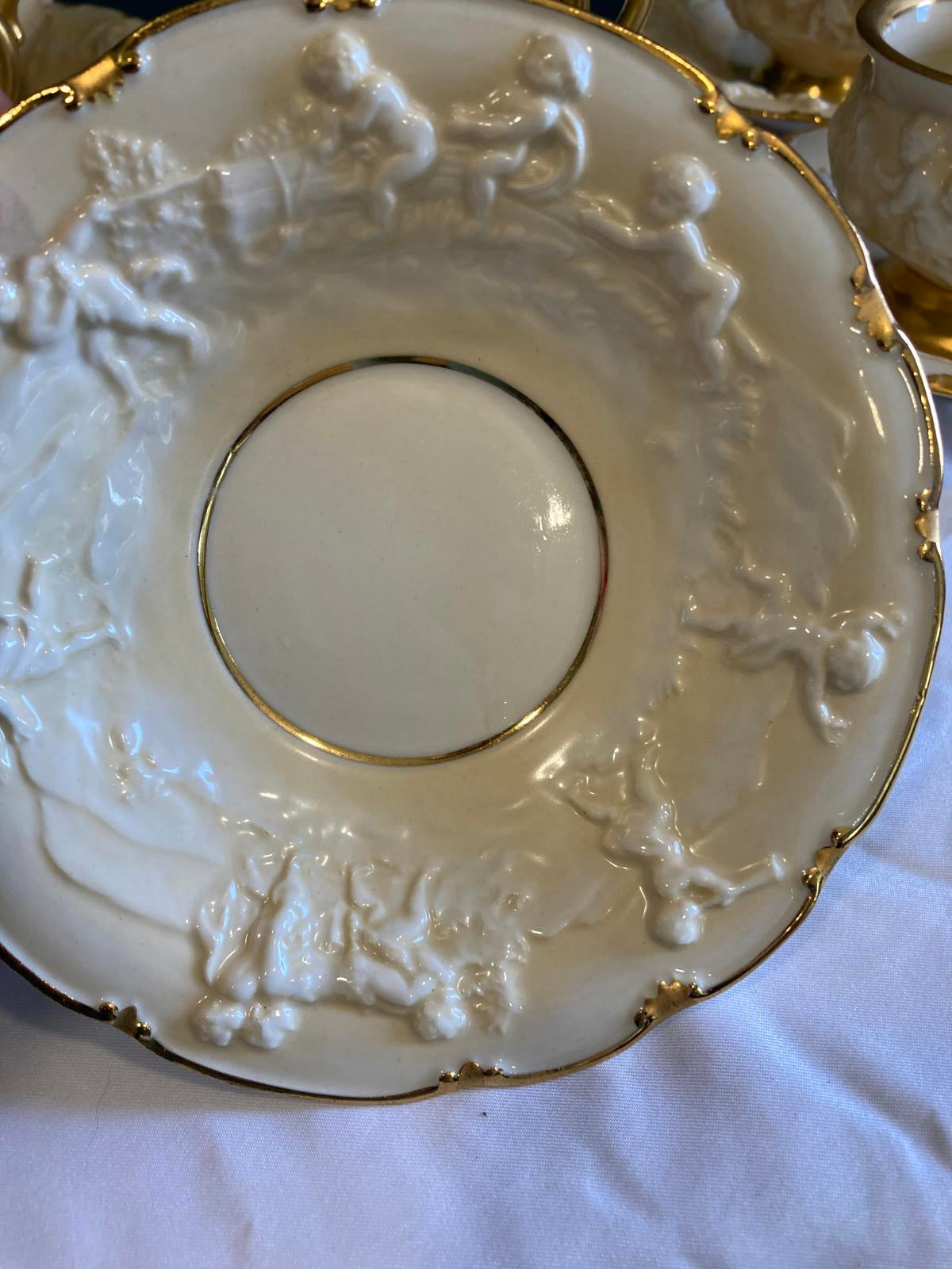 Antique Ernst Bohne Söhne Cherub Teacup and Saucer Set w/Gold Trim, Set of 7