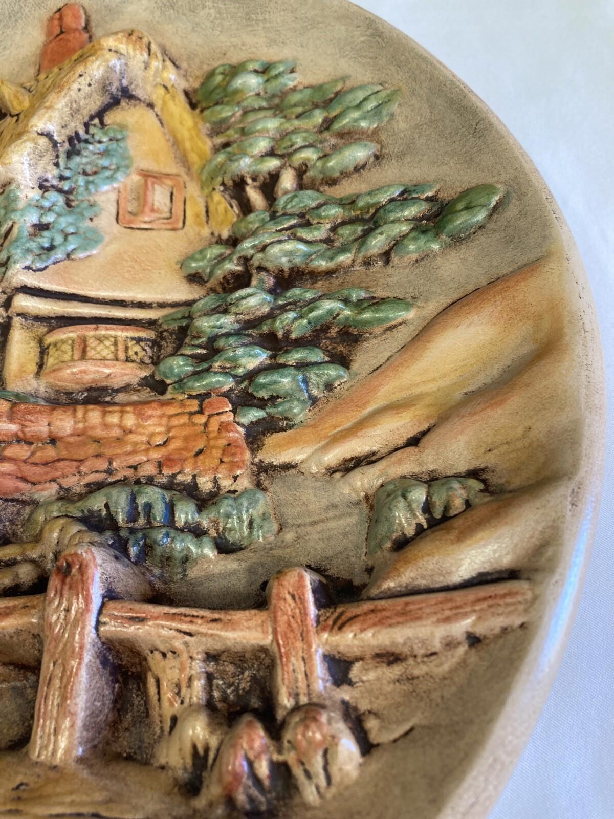 Vintage 3D Ceramic Wall Art Plate – Hand Painted Cottage Scene 11”