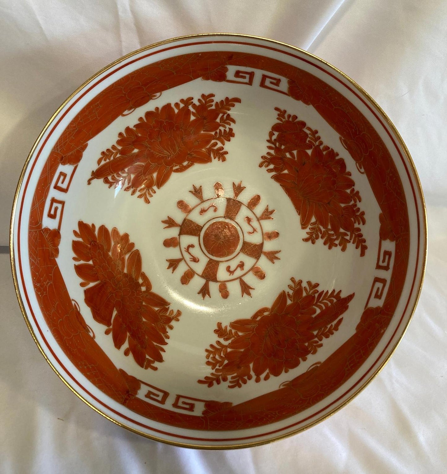 Vintage Orange & White Bowl with Gold Rim – Floral & Dragon Motif