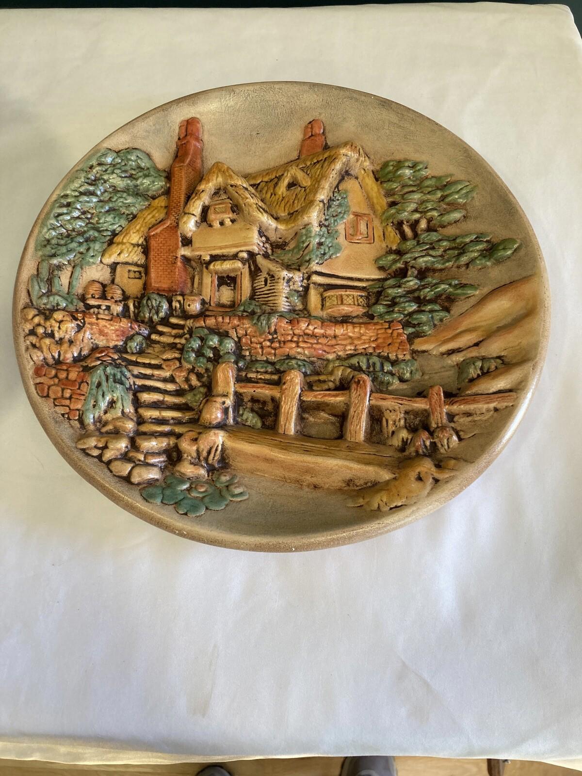 Vintage 3D Ceramic Wall Art Plate – Hand Painted Cottage Scene 11”