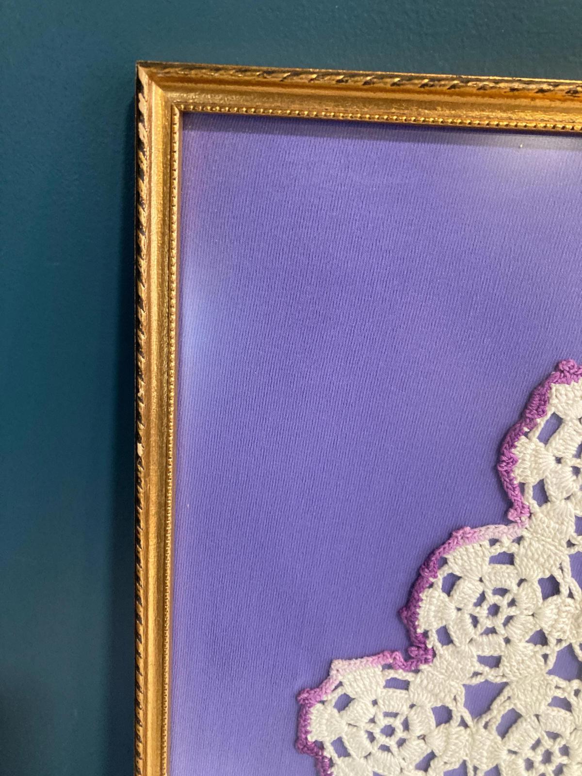Vintage Handmade White Doily Lace with Purple Edges Framed